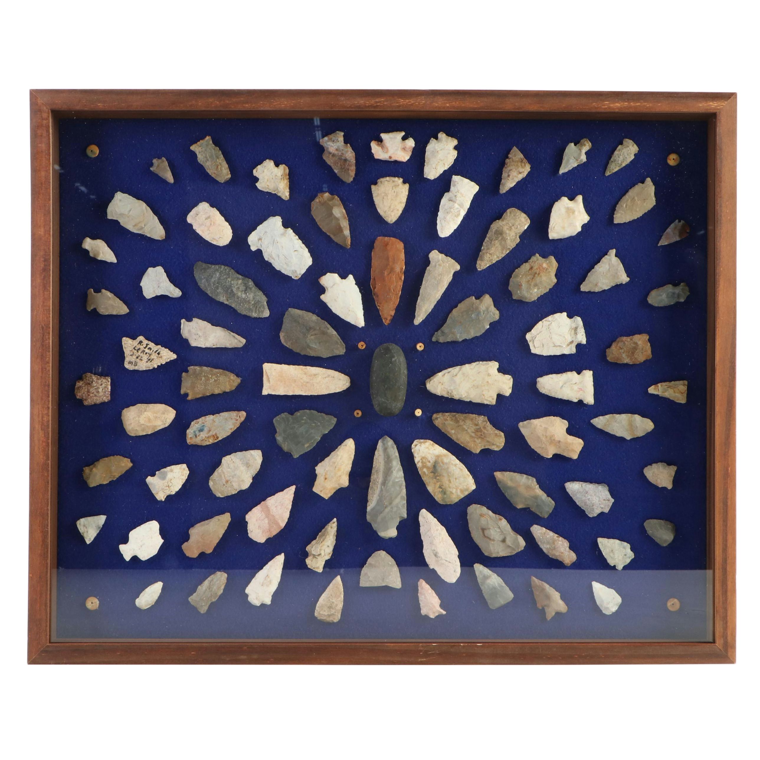 Knapped Stone Projectile Points, Beads, and Knapping Stone in Display Case