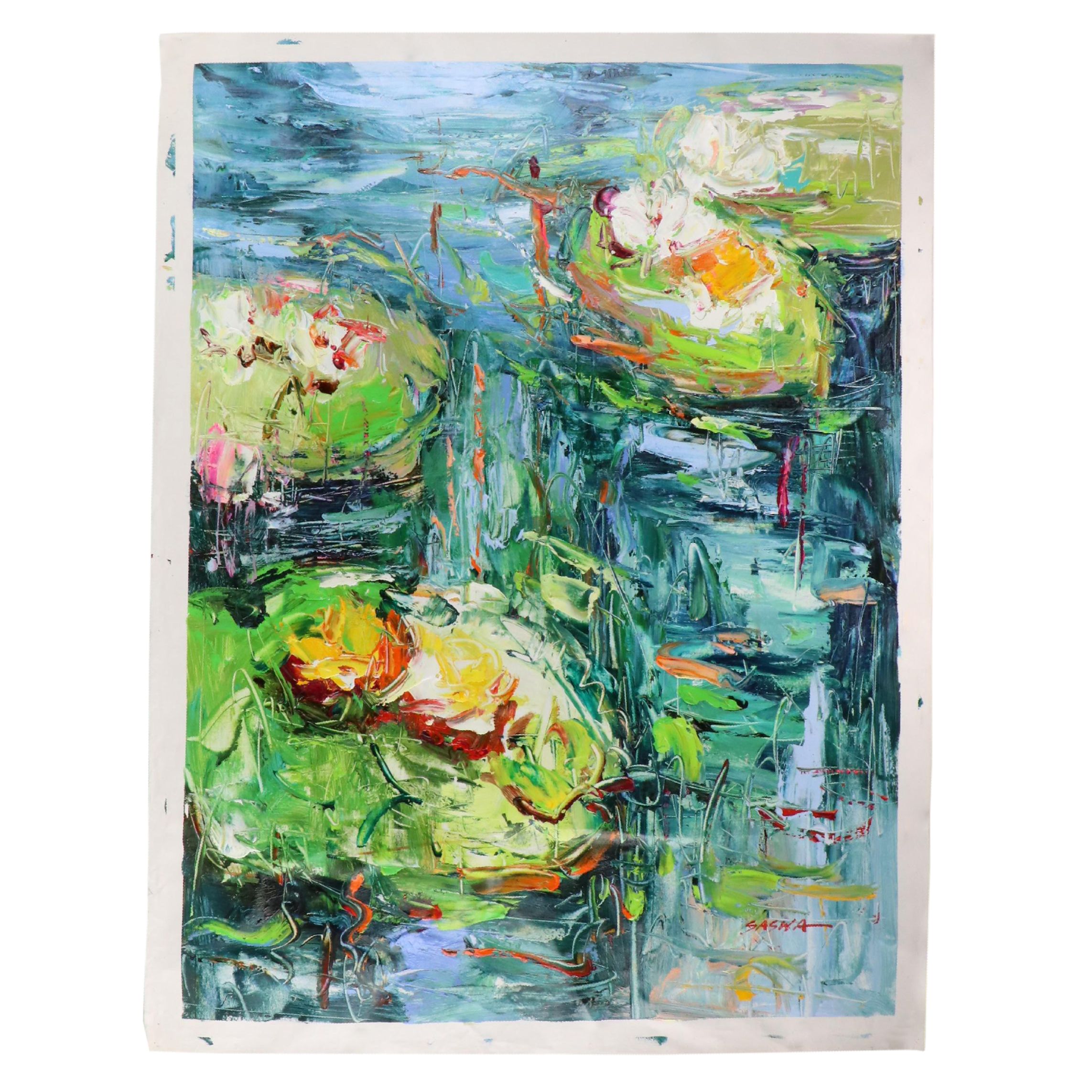 Sasha Stylized Pond Landscape Oil Painting, 21st Century