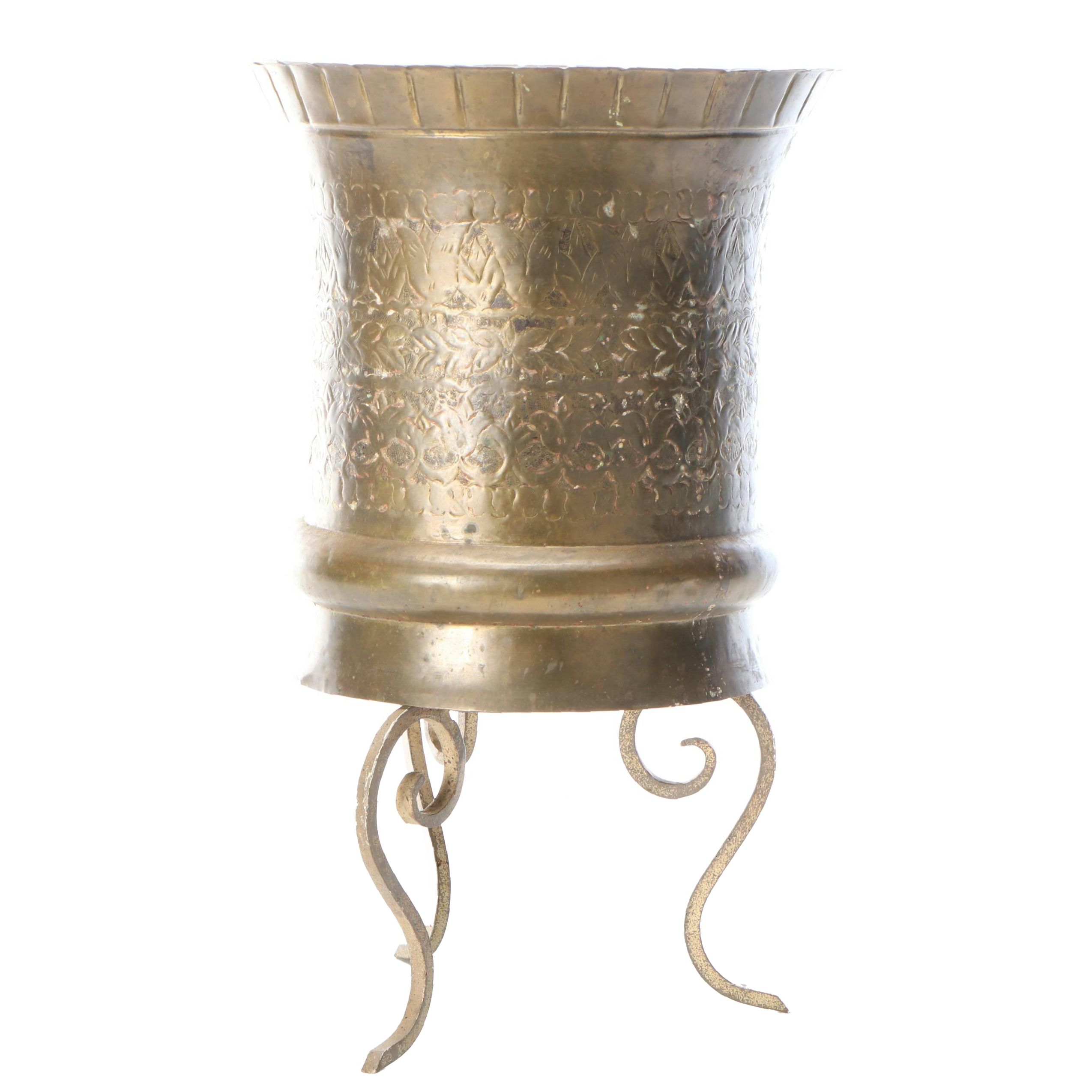 Hammered Brass Planter with Painted Wrought Iron Stand