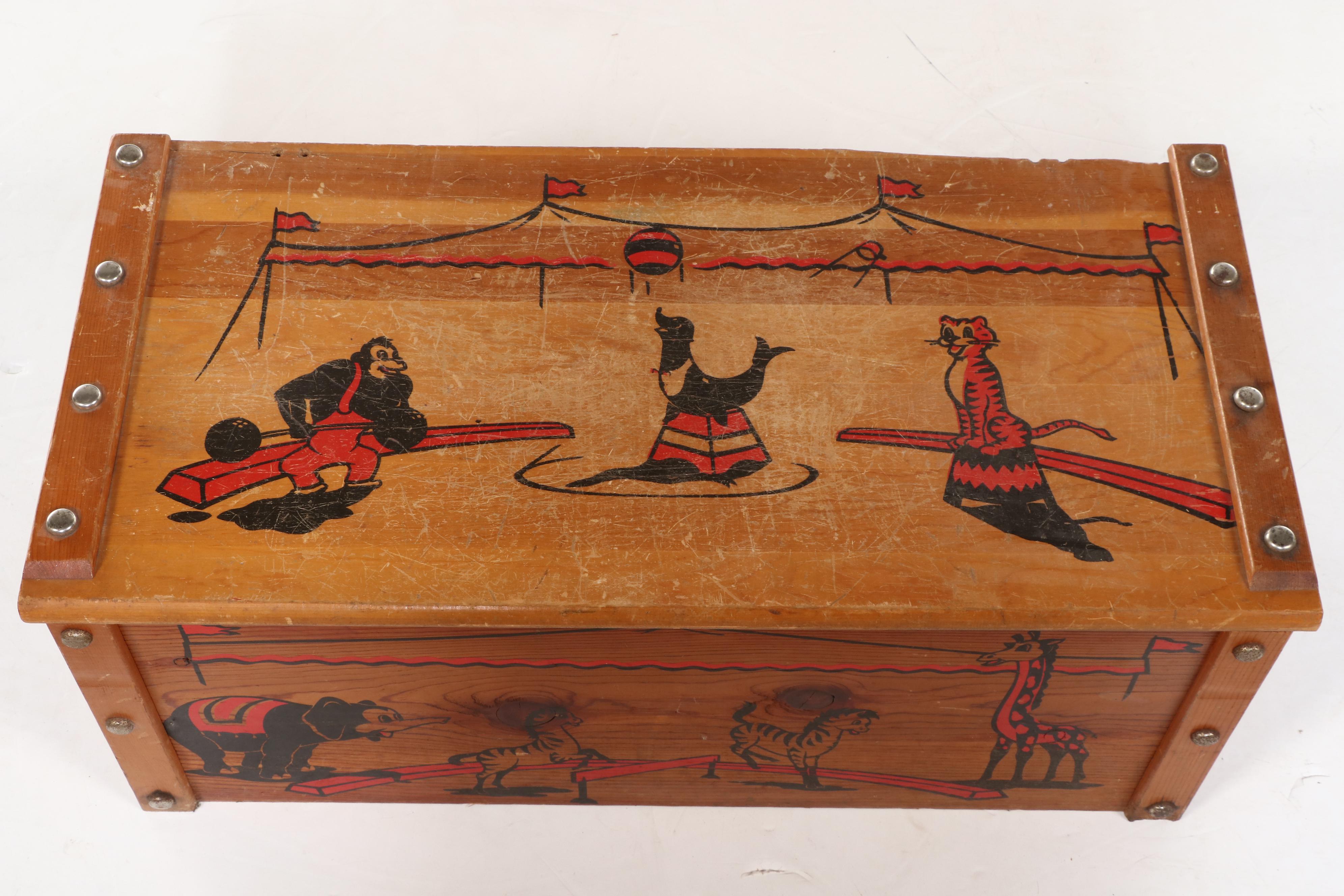 Circus-Themed Pine Toy Chest, Mid-20th Century