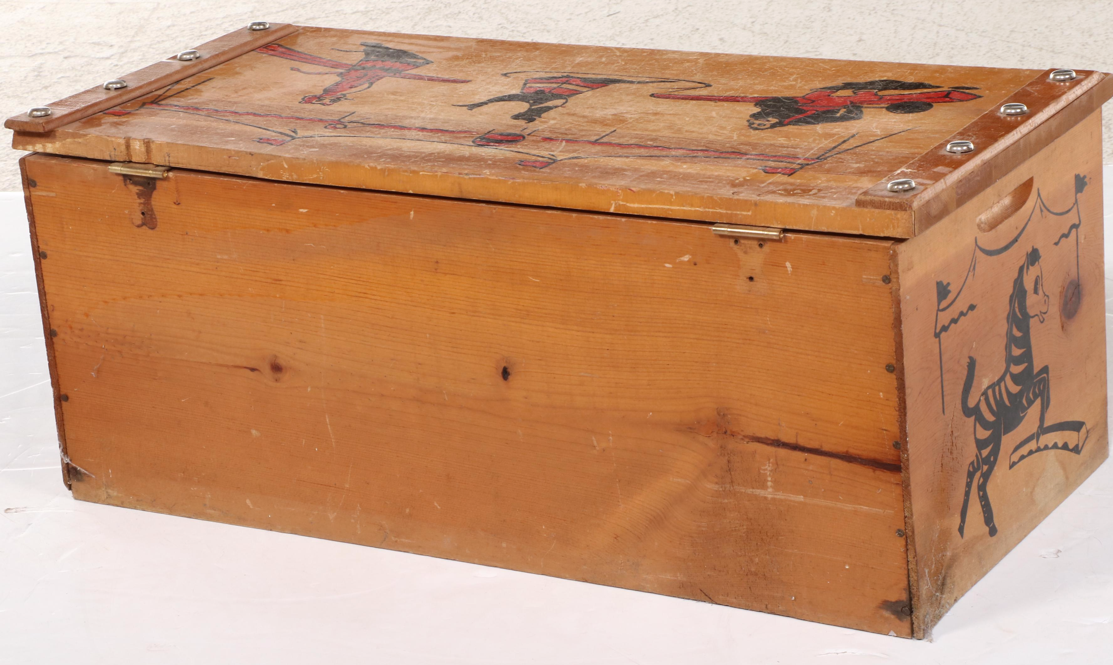 Circus-Themed Pine Toy Chest, Mid-20th Century