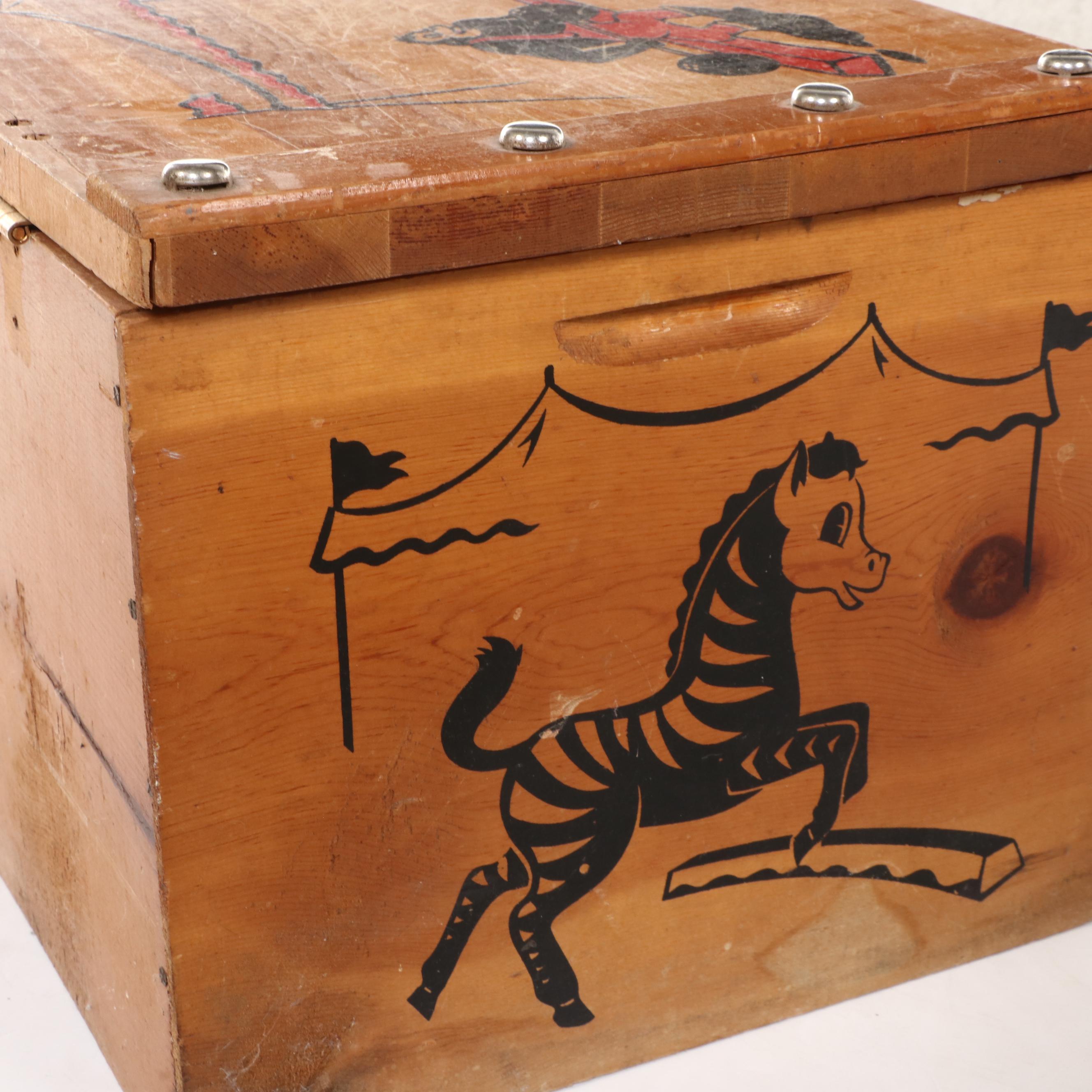 Circus-Themed Pine Toy Chest, Mid-20th Century