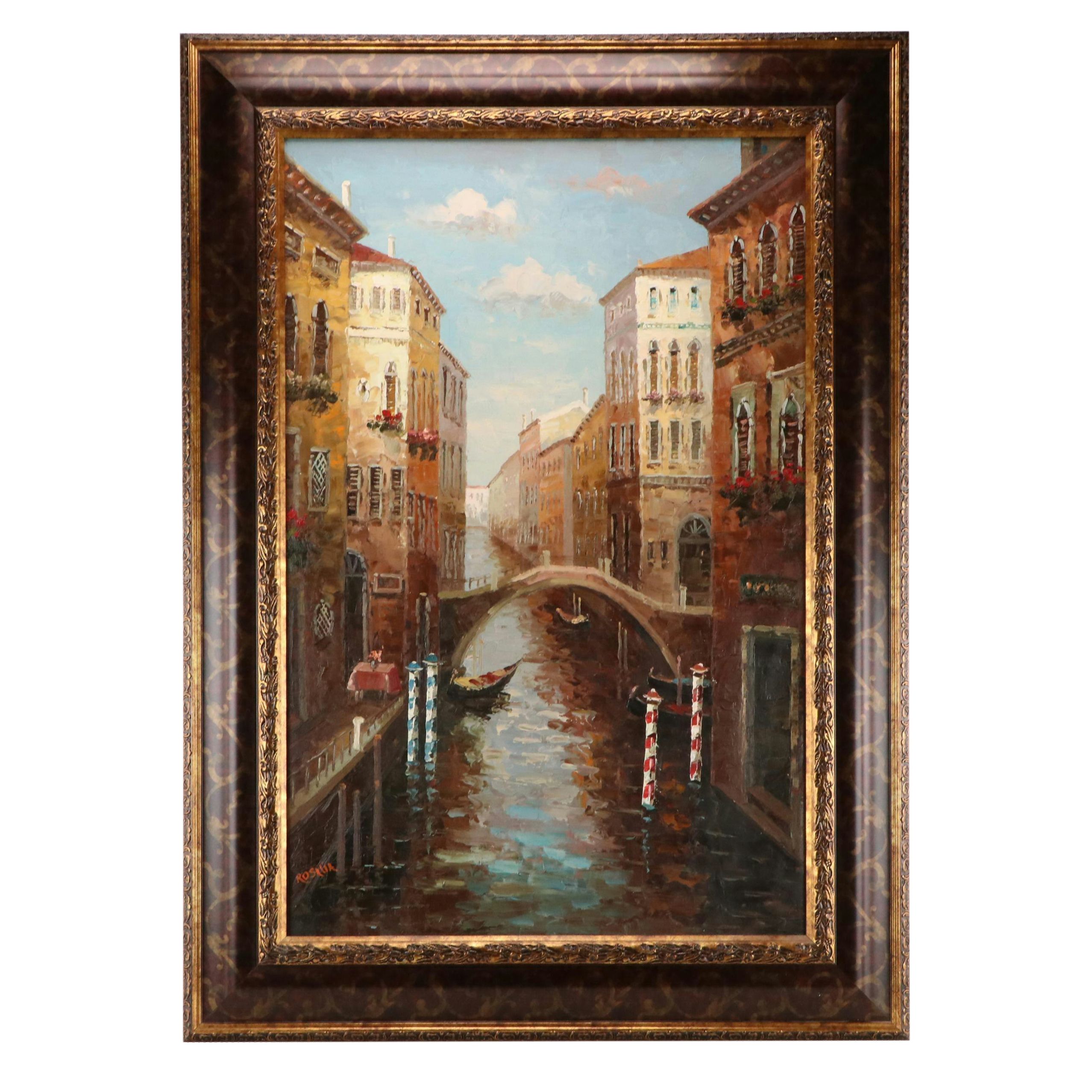 Venetian Cityscape Oil Painting of Canal Scene