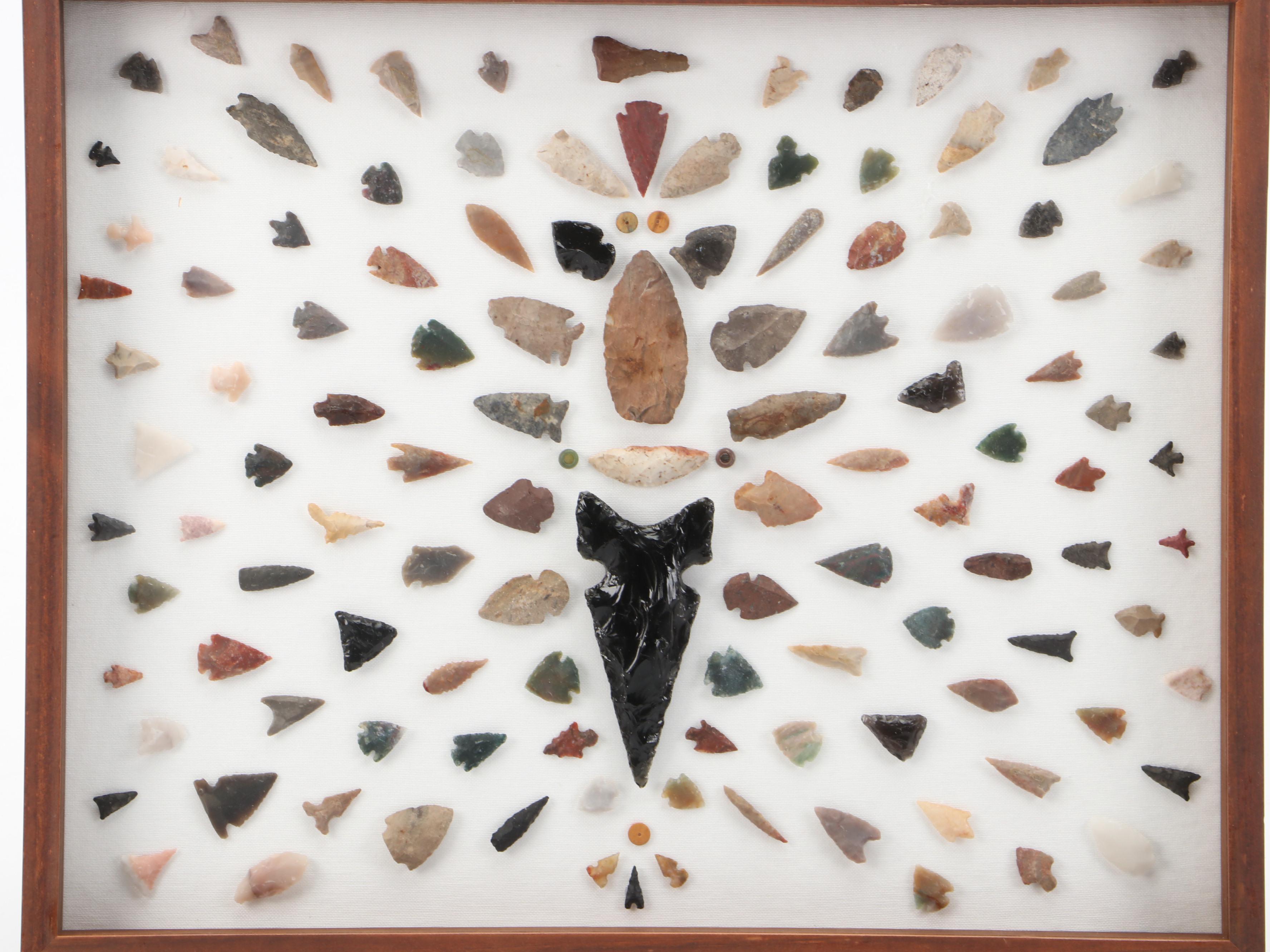 Knapped Flint, Chert, Obsidian and Jasper Arrowheads and Beads in Case