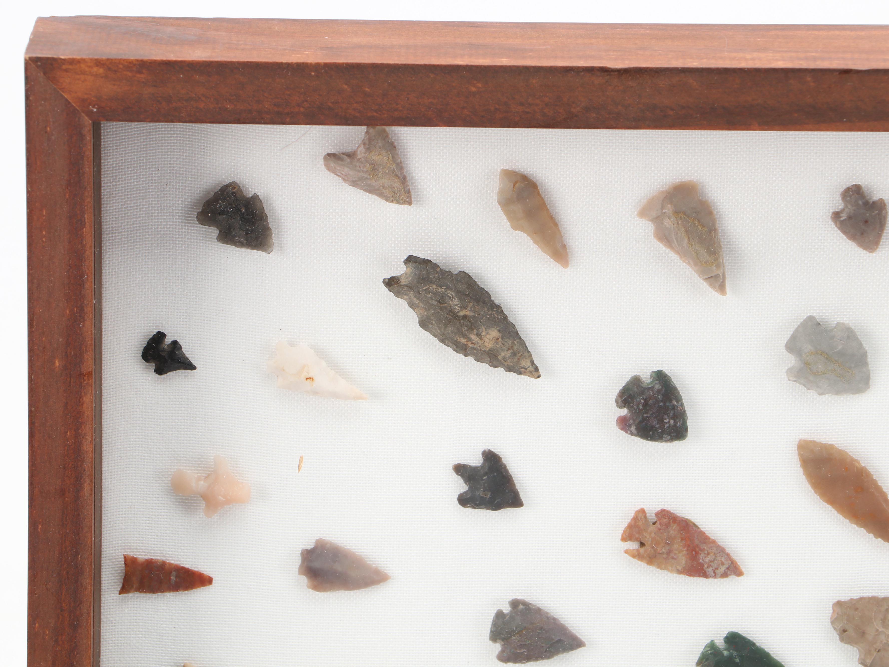 Knapped Flint, Chert, Obsidian and Jasper Arrowheads and Beads in Case
