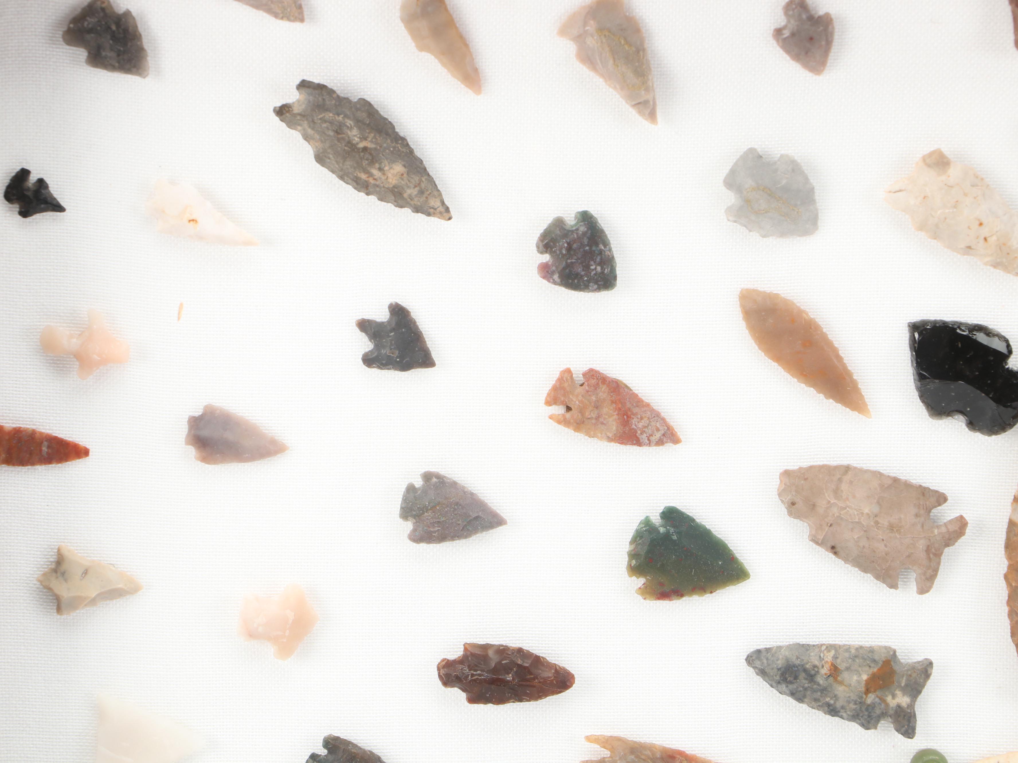 Knapped Flint, Chert, Obsidian and Jasper Arrowheads and Beads in Case