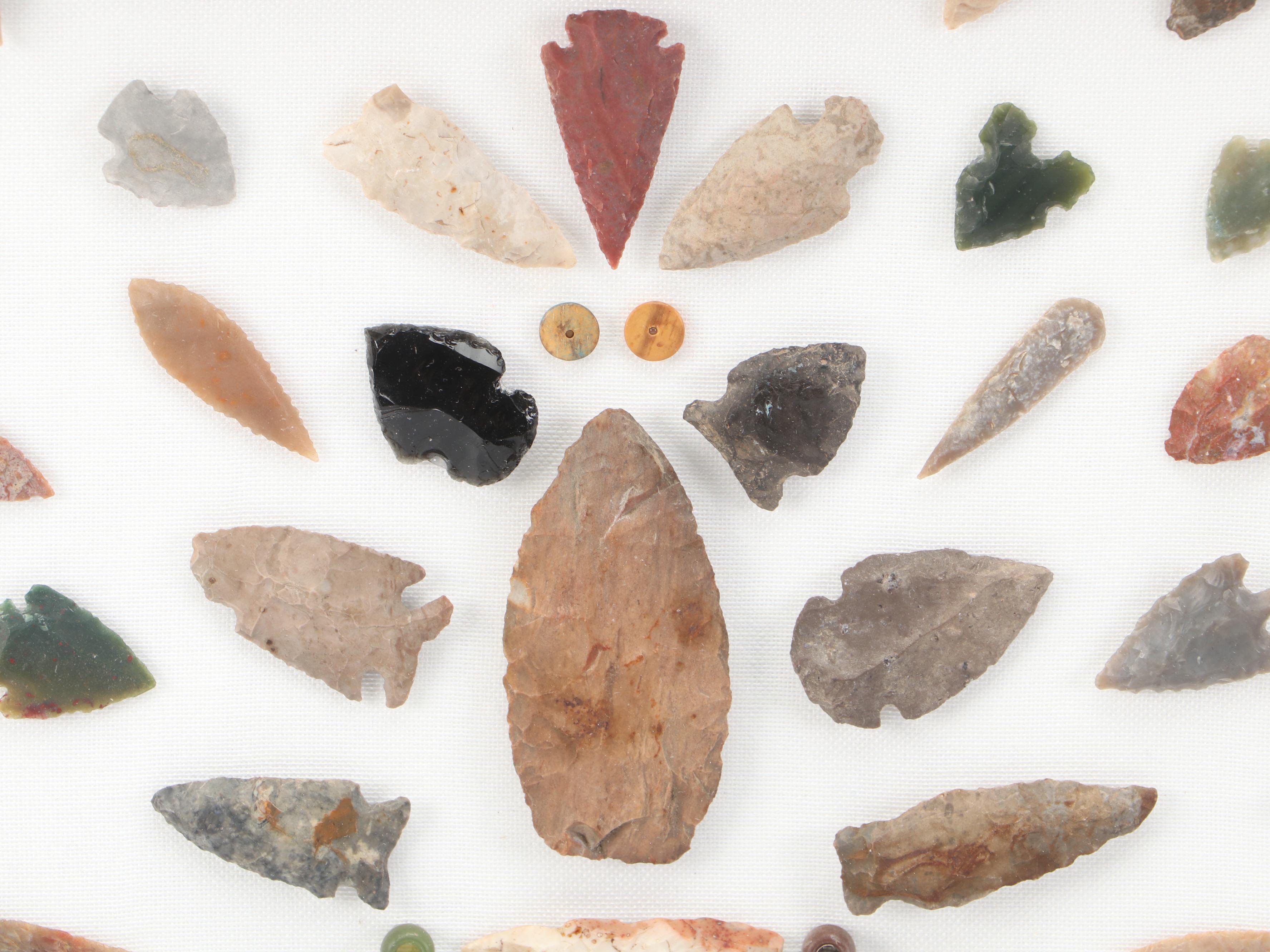 Knapped Flint, Chert, Obsidian and Jasper Arrowheads and Beads in Case