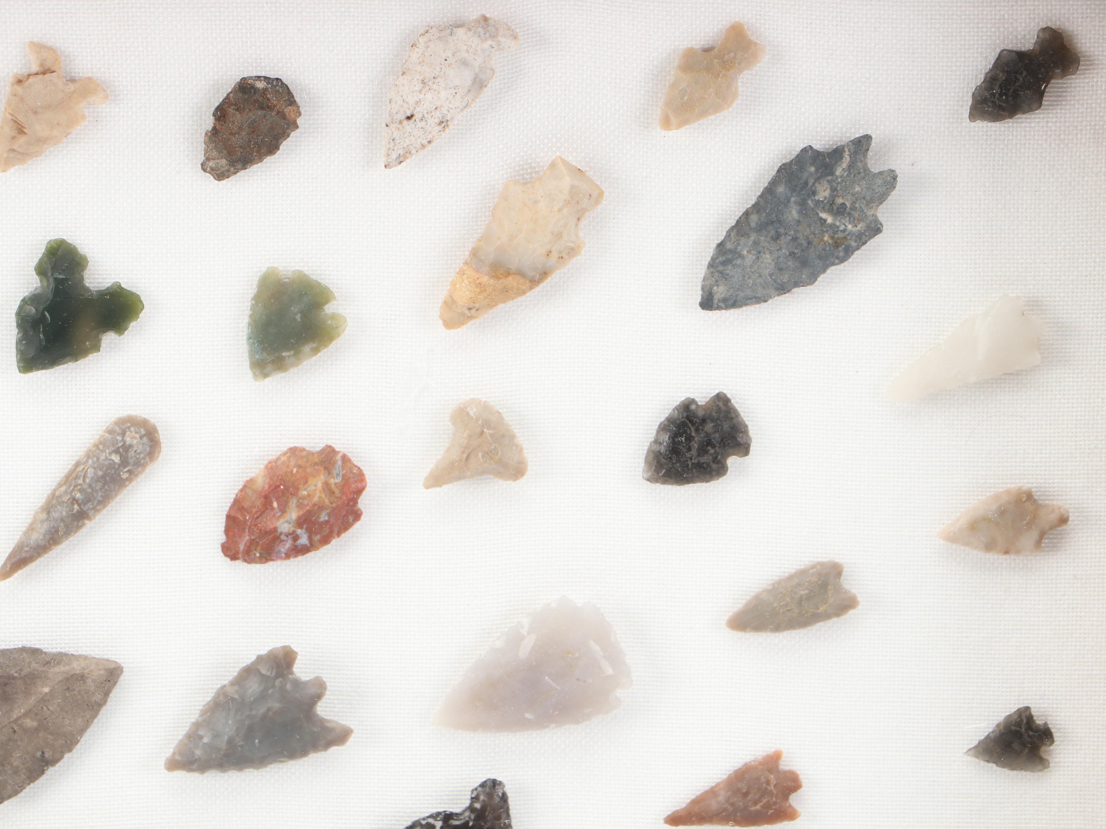 Knapped Flint, Chert, Obsidian and Jasper Arrowheads and Beads in Case