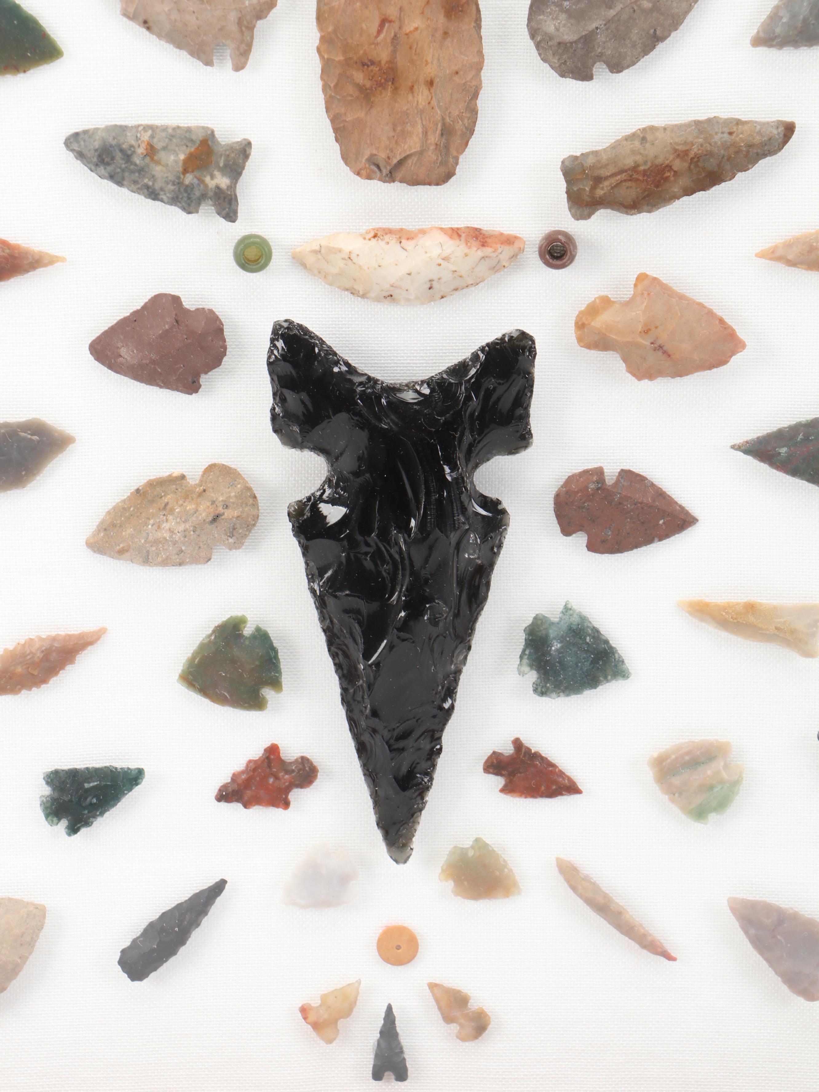 Knapped Flint, Chert, Obsidian and Jasper Arrowheads and Beads in Case