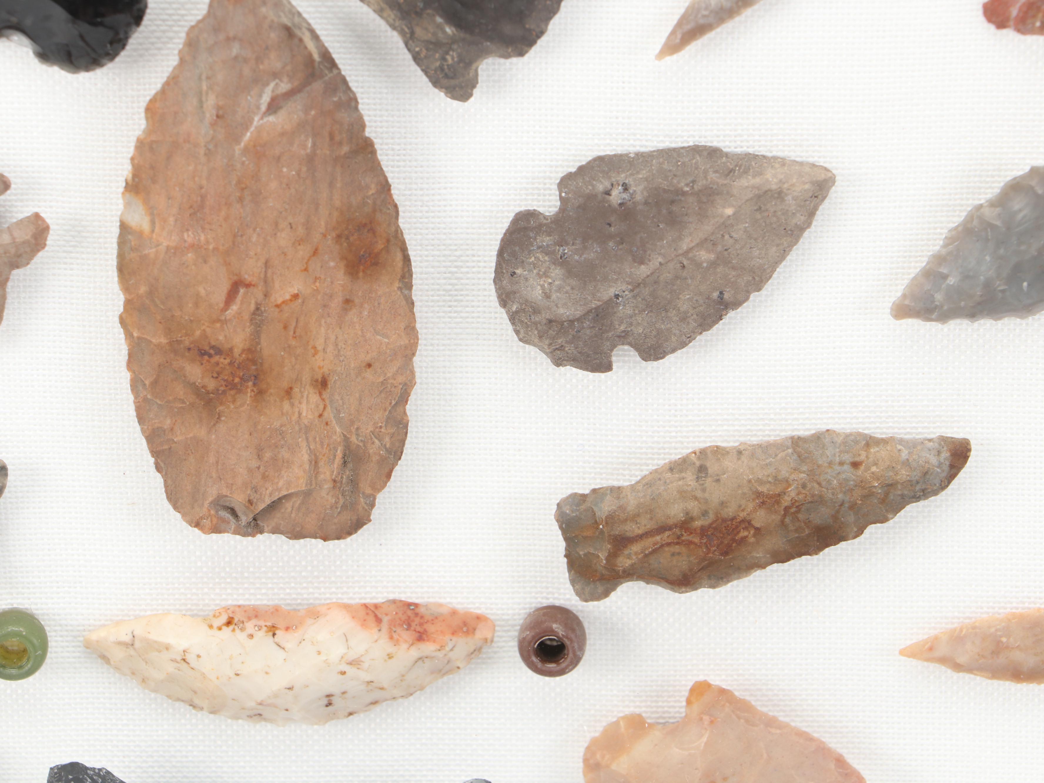 Knapped Flint, Chert, Obsidian and Jasper Arrowheads and Beads in Case