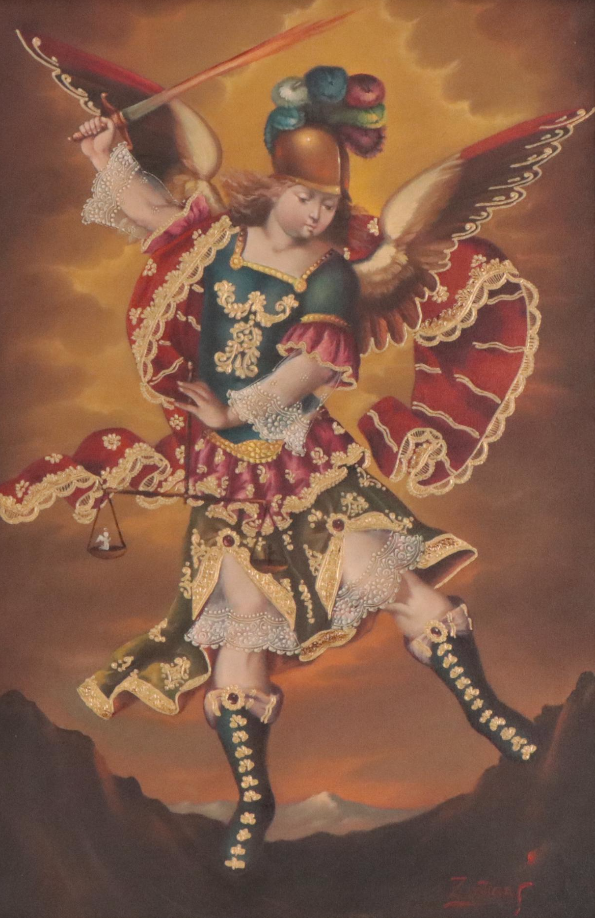 Ernesto Zuñiga Cuzco Style Oil Painting of Archangel