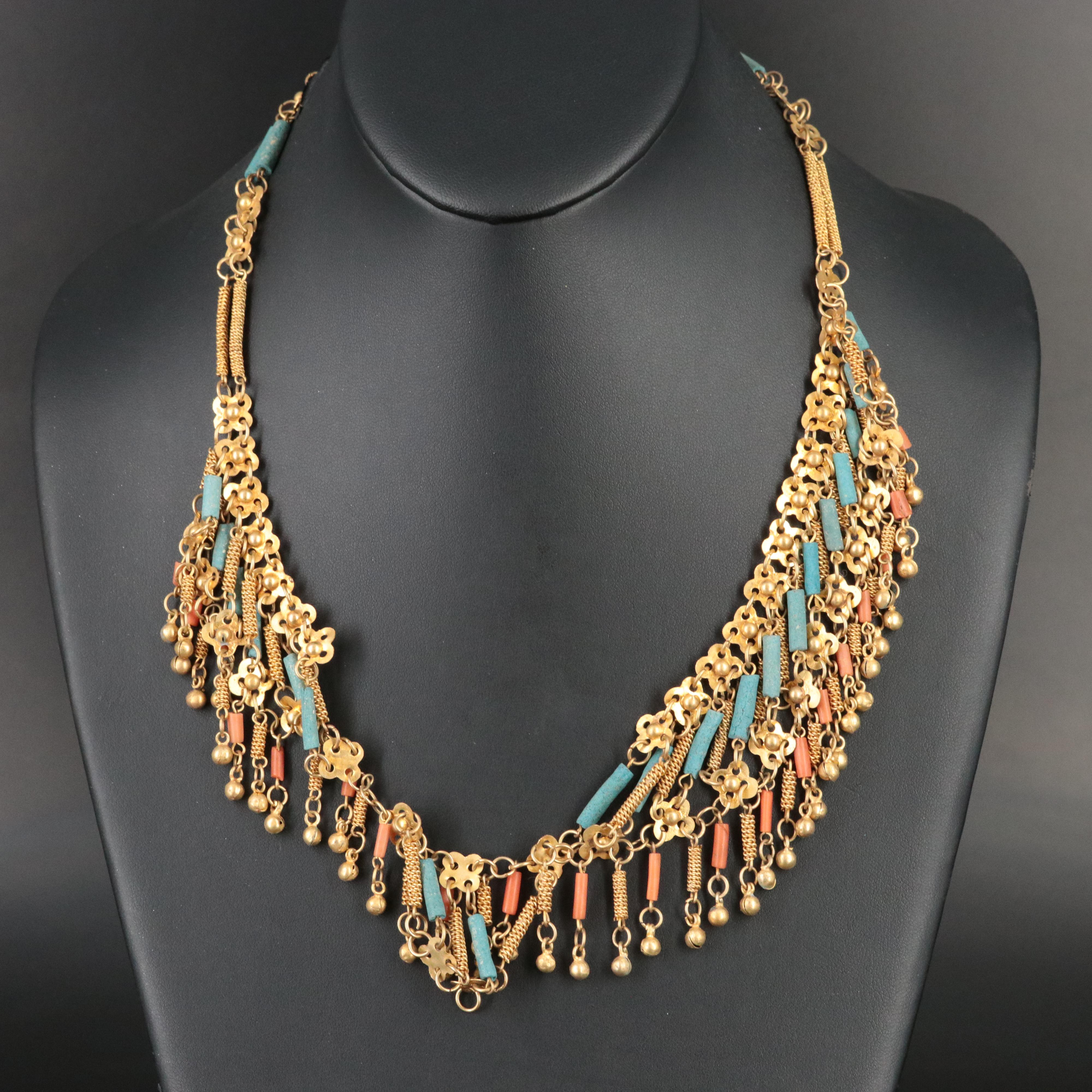 1940s Egyptian Revival Brass Coral and Faience Necklace