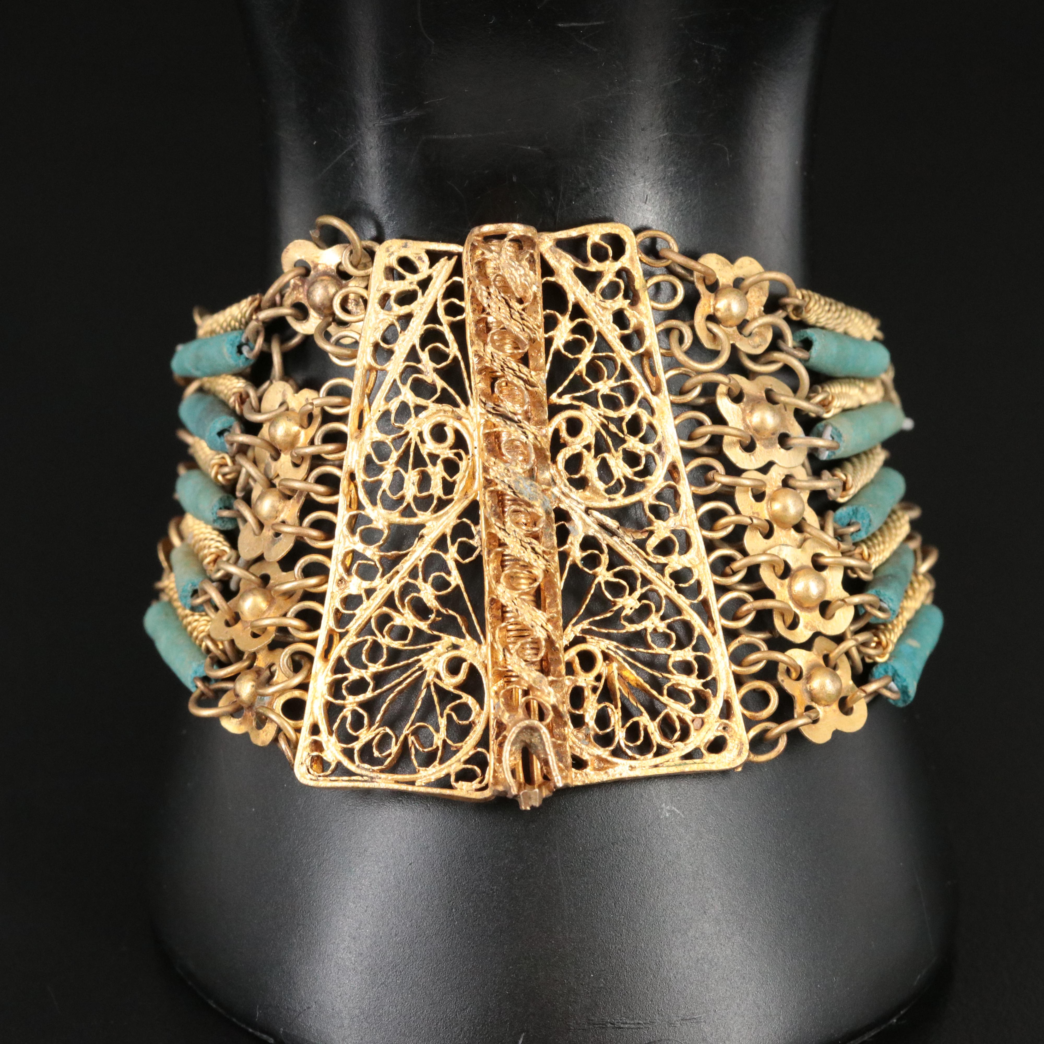 1940s Egyptian Revival Brass Coral and Faience Bracelet