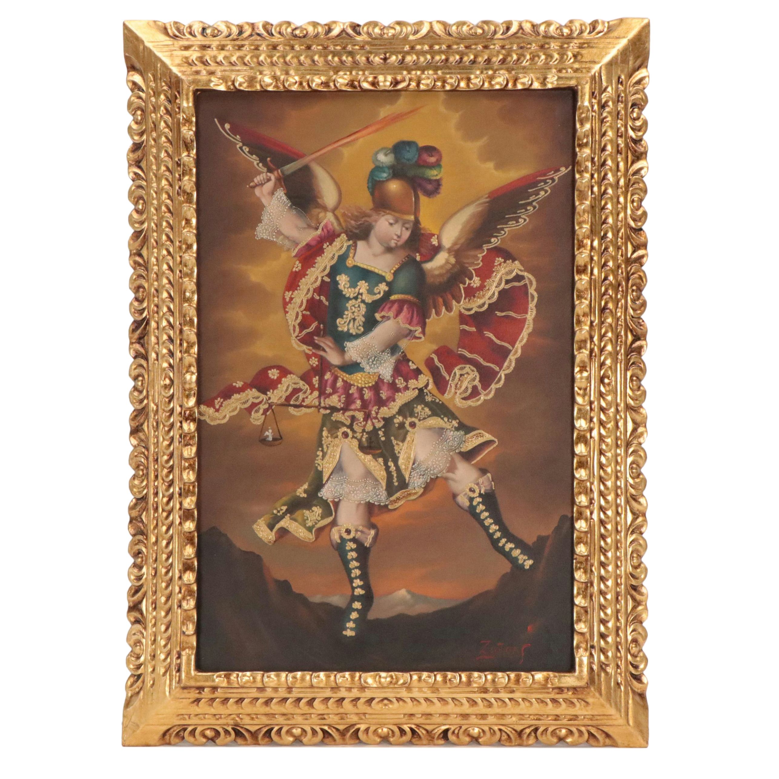 Ernesto Zuñiga Cuzco Style Oil Painting of Archangel