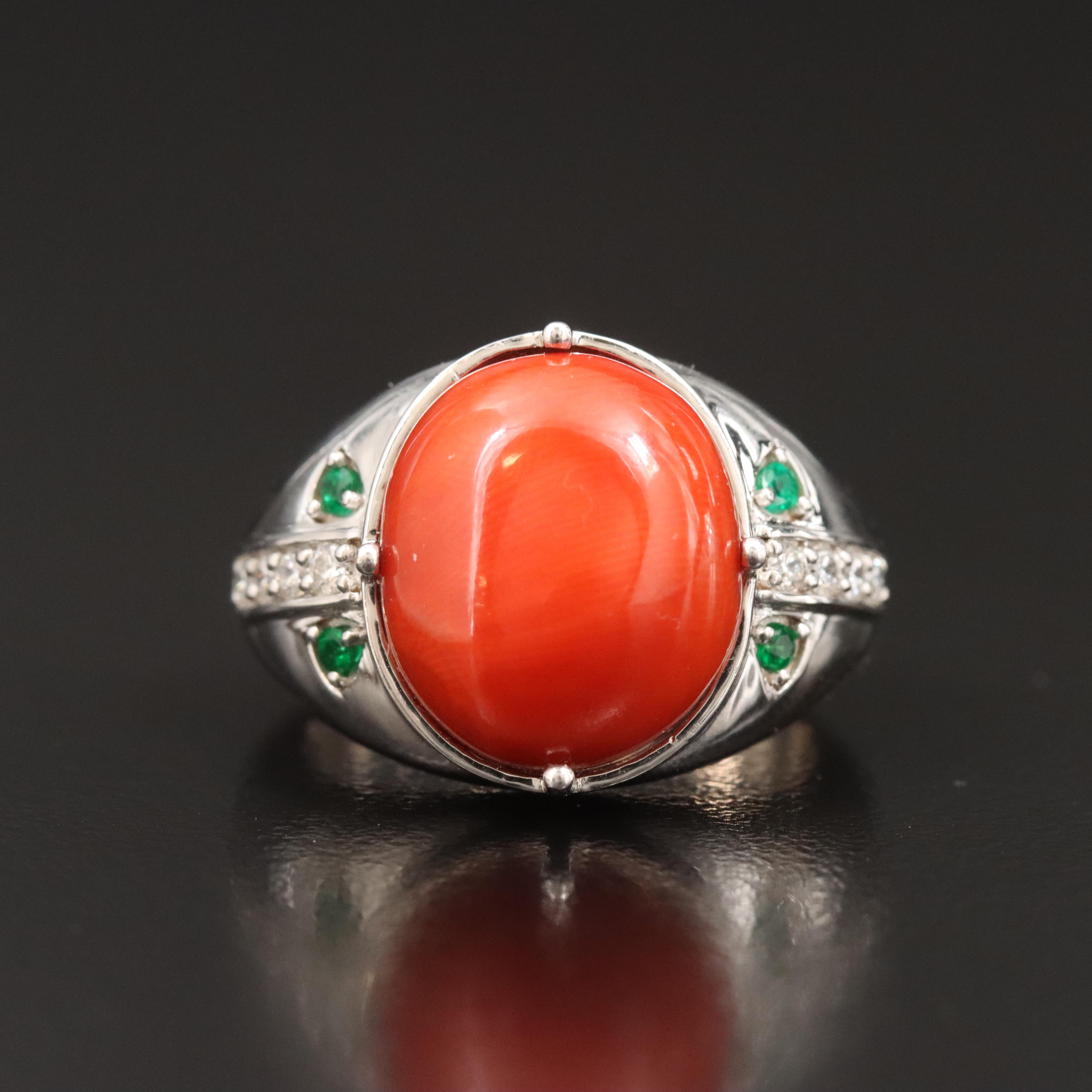 18K Coral, Diamond and Emerald Ring