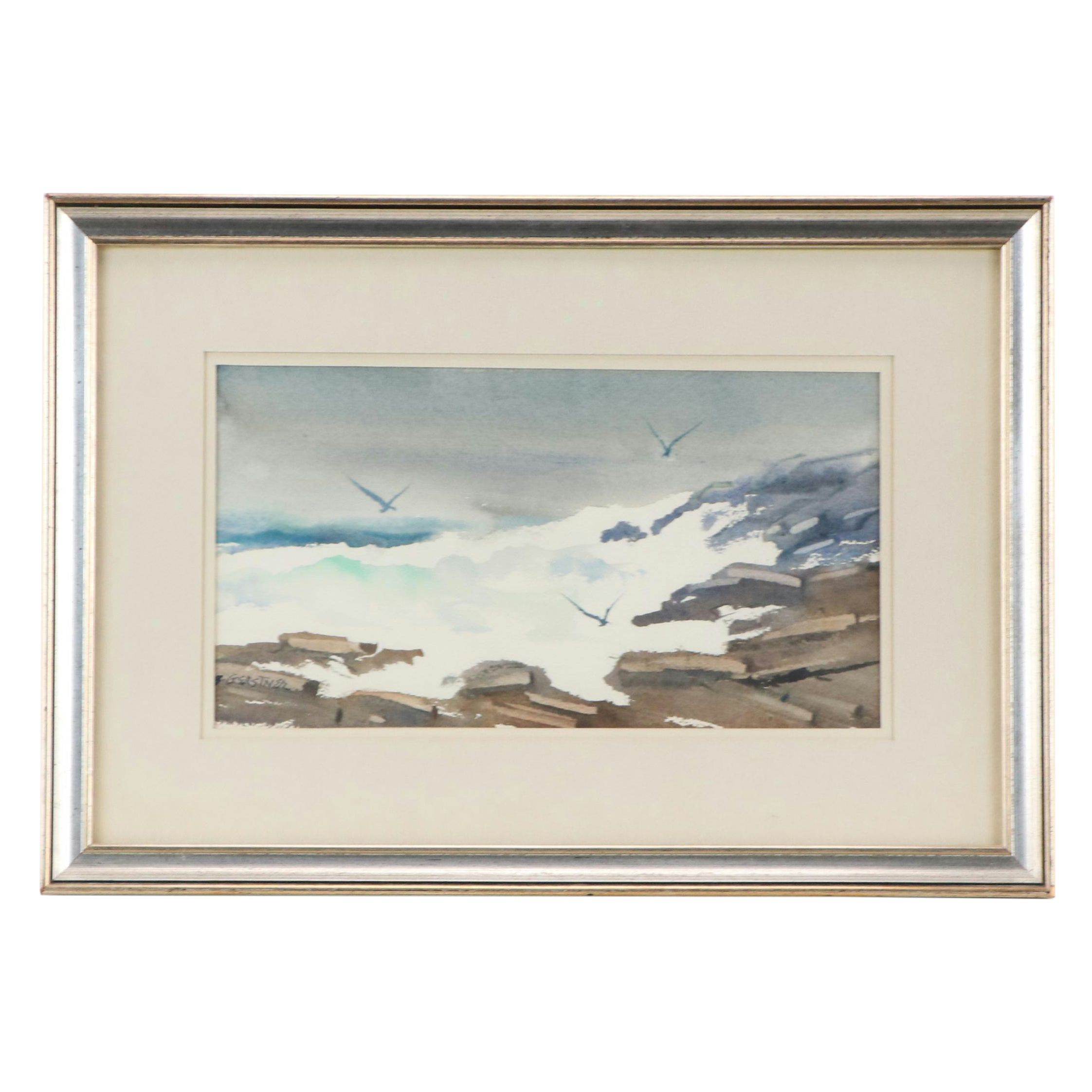 Bernard Gerstner Seascape Watercolor Painting of Rocky Shoreline