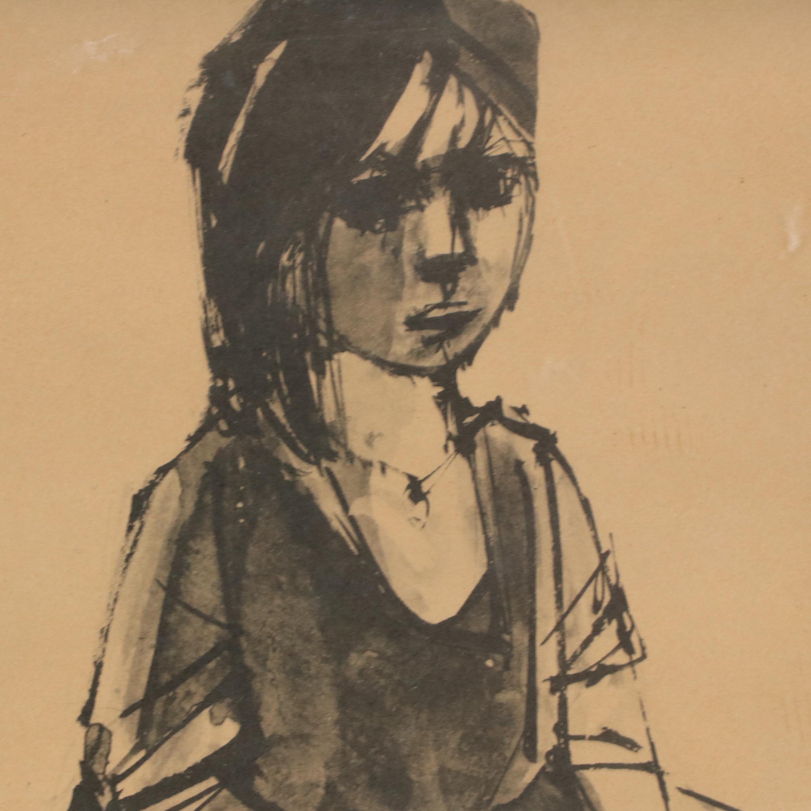 Ink Drawing of Young Woman, 20th Century