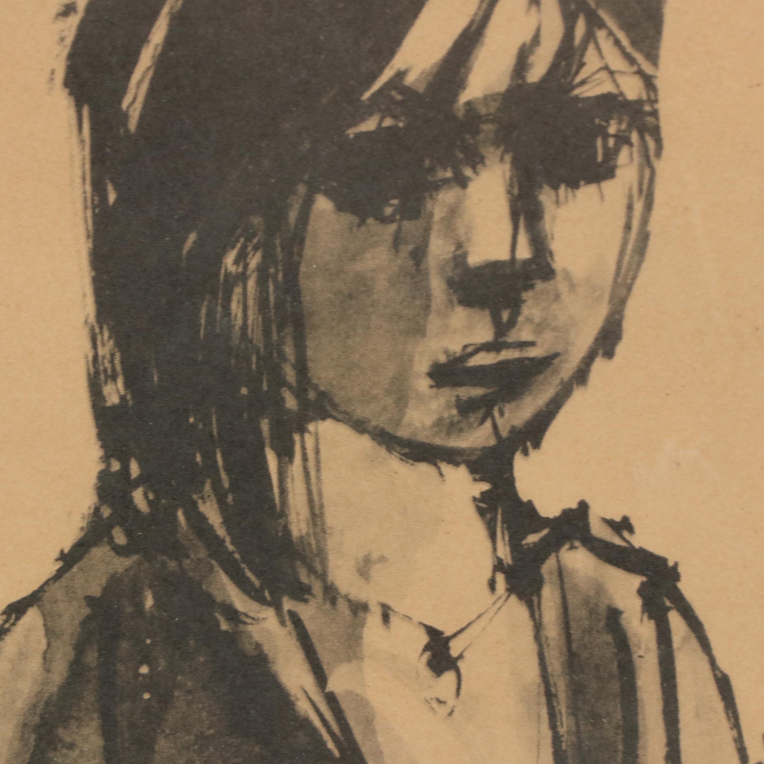 Ink Drawing of Young Woman, 20th Century
