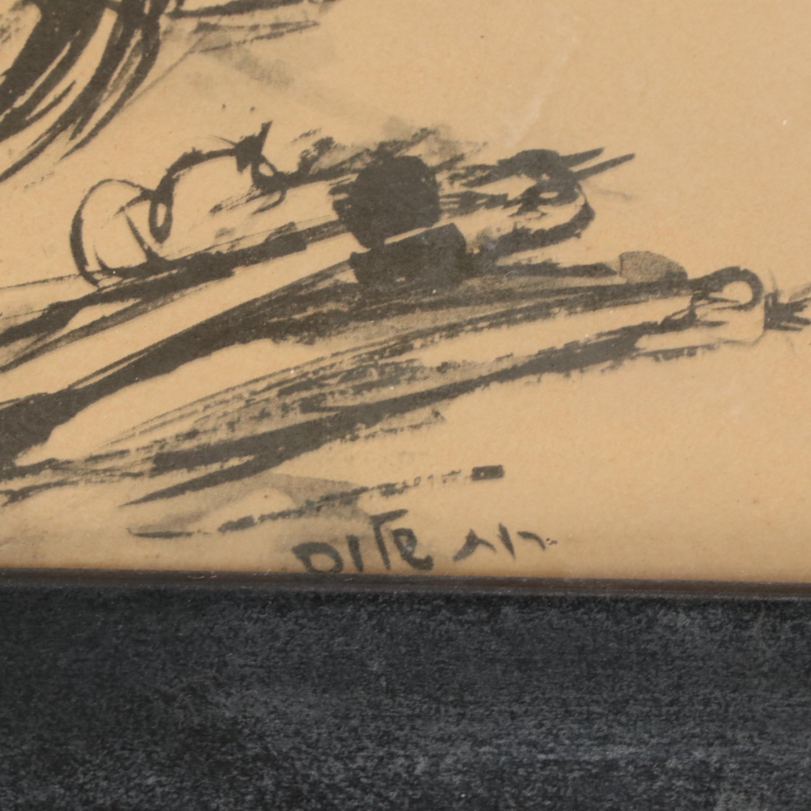 Ink Drawing of Young Woman, 20th Century