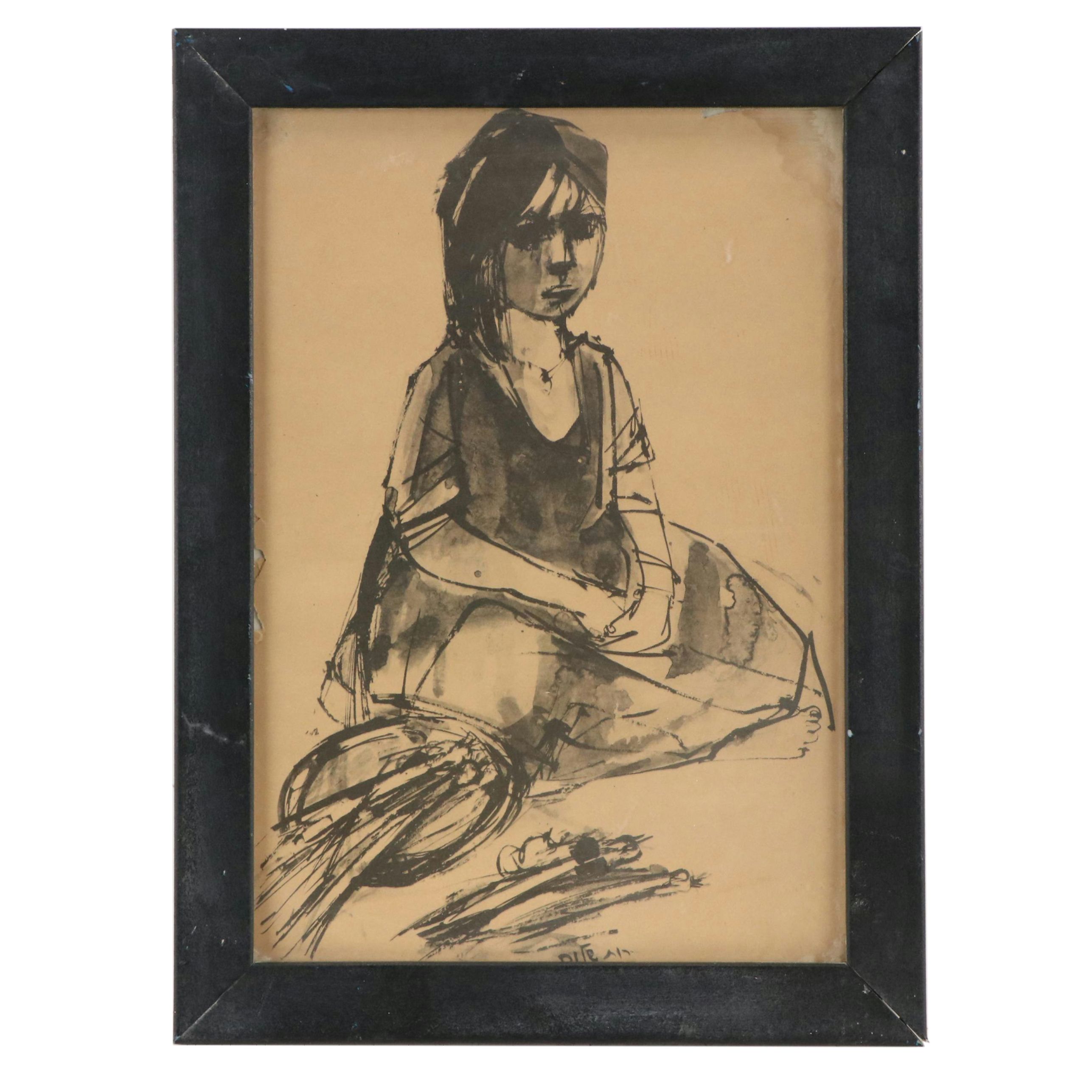 Ink Drawing of Young Woman, 20th Century