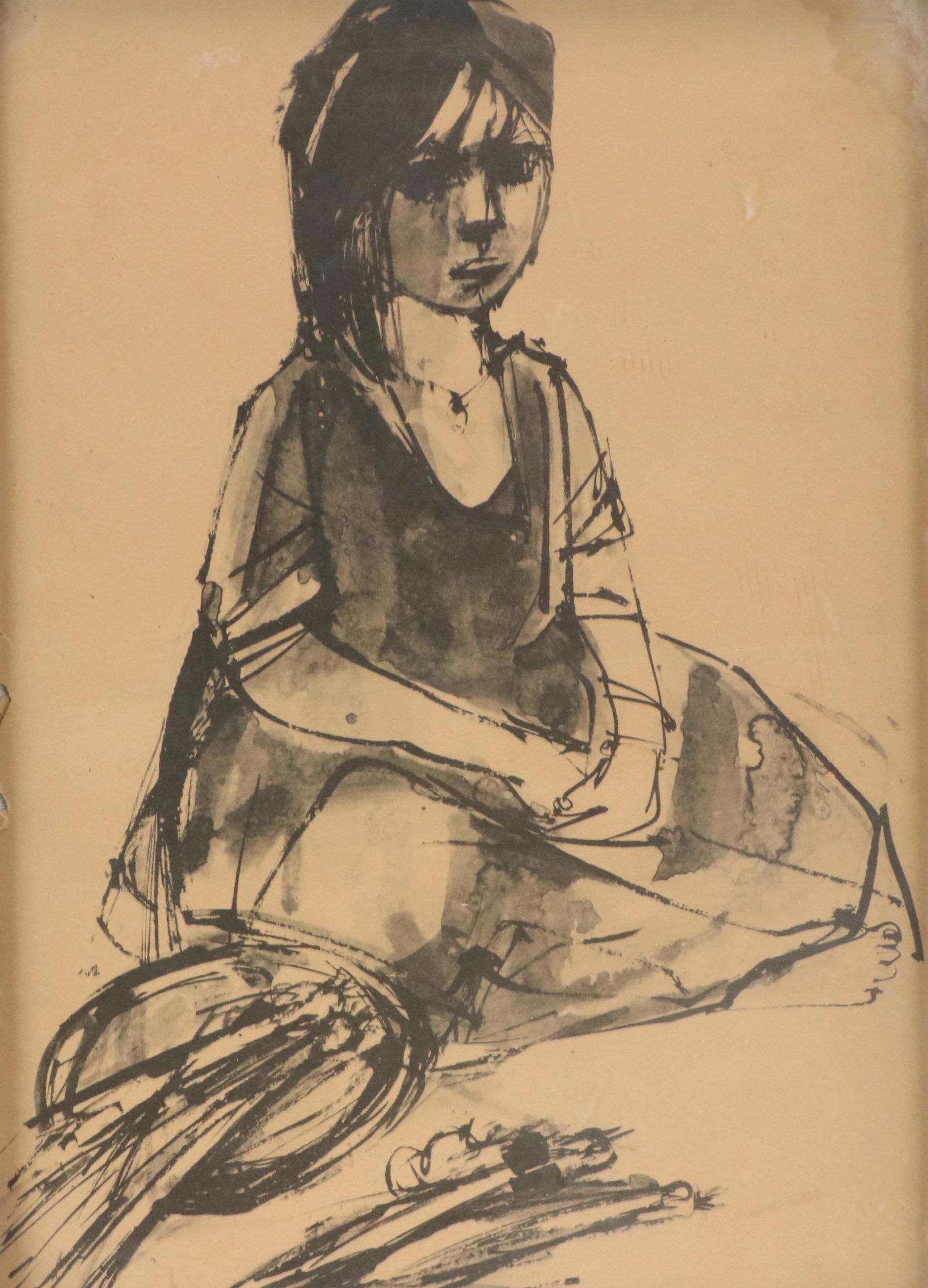 Ink Drawing of Young Woman, 20th Century