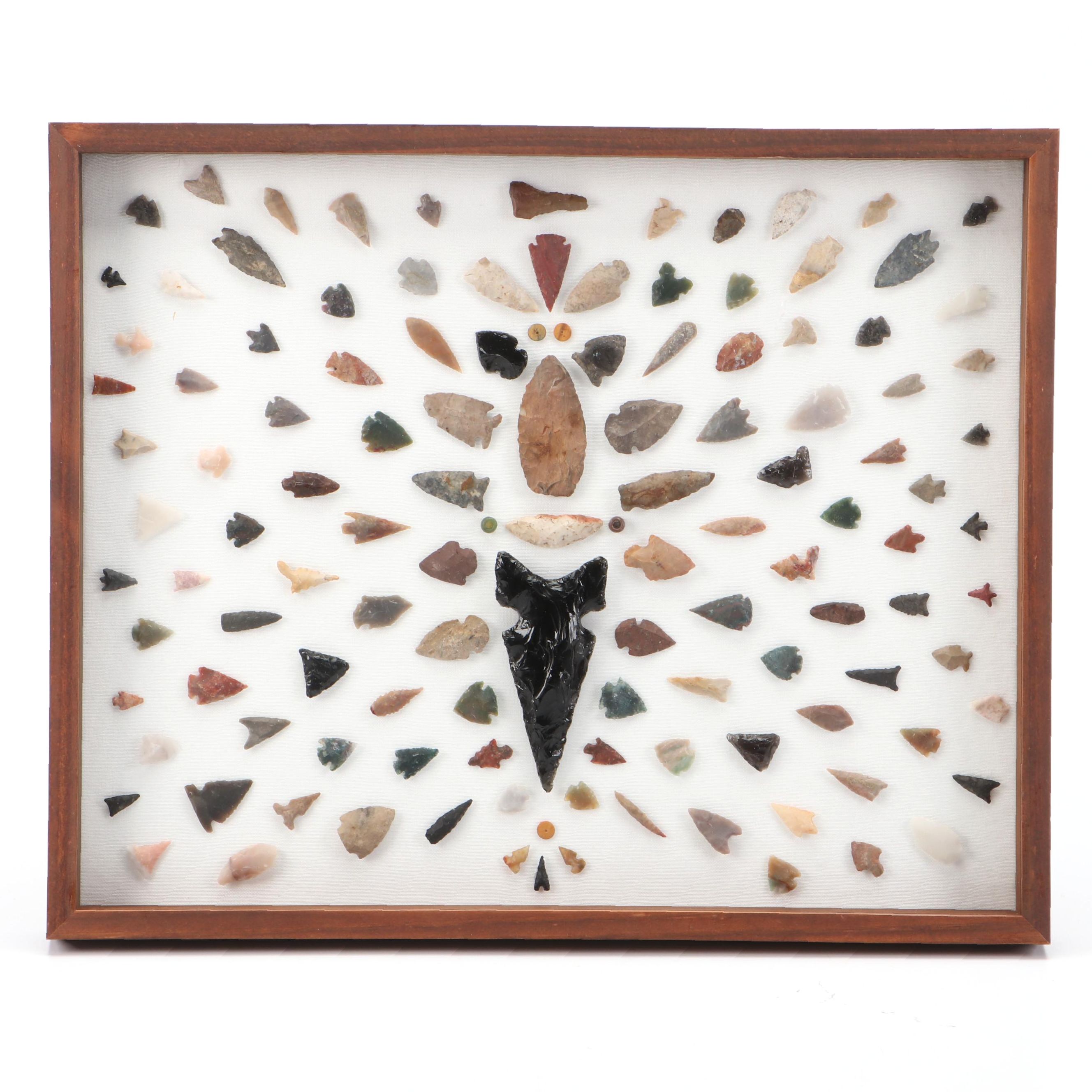 Knapped Flint, Chert, Obsidian and Jasper Arrowheads and Beads in Case
