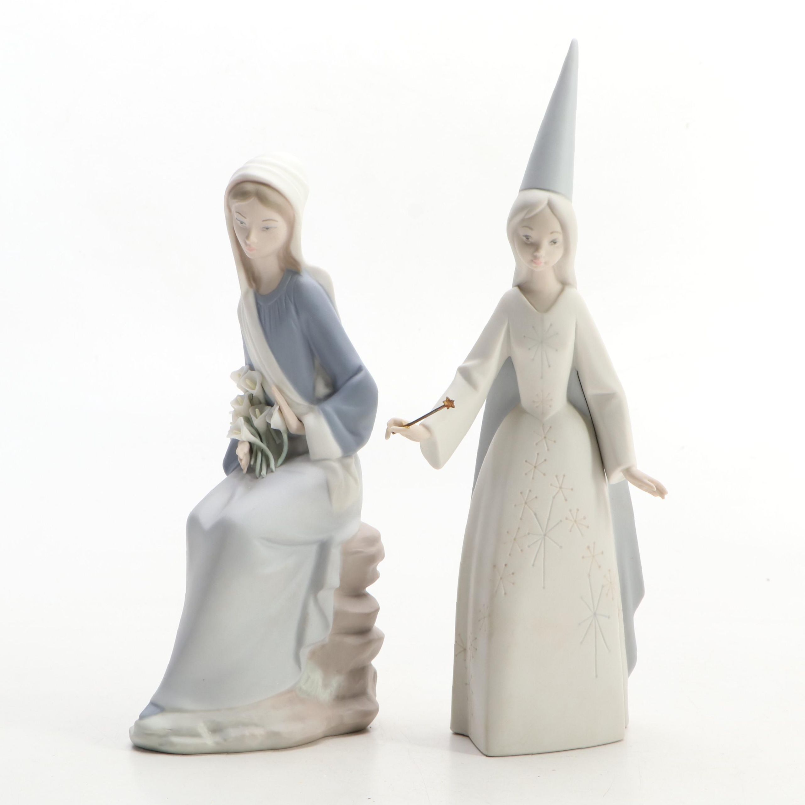 Lladró "Fairy" and "Sitting Girl with Lilies" Porcelain Figurines