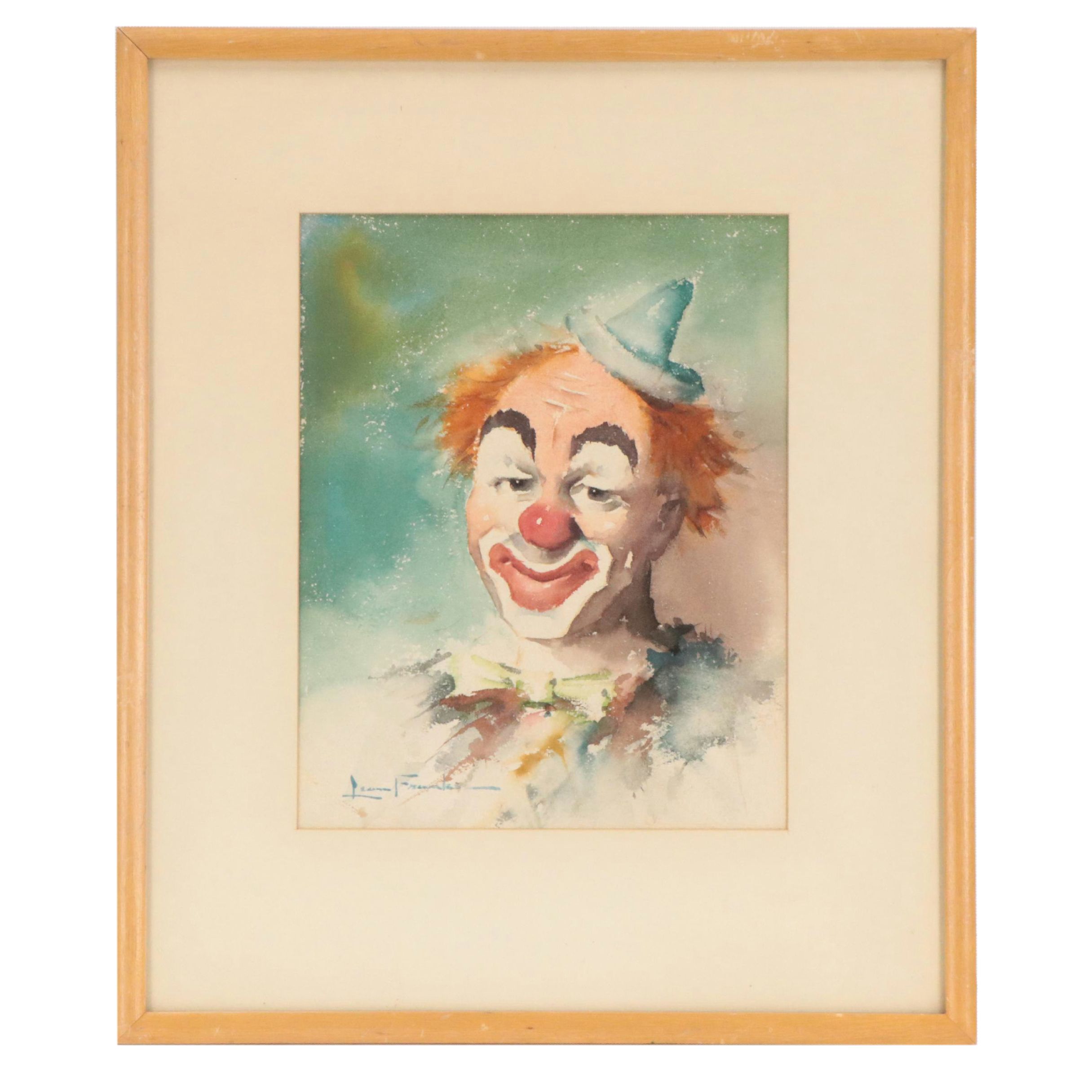 Leon Franks Clown Portrait Watercolor, Mid-20th Century