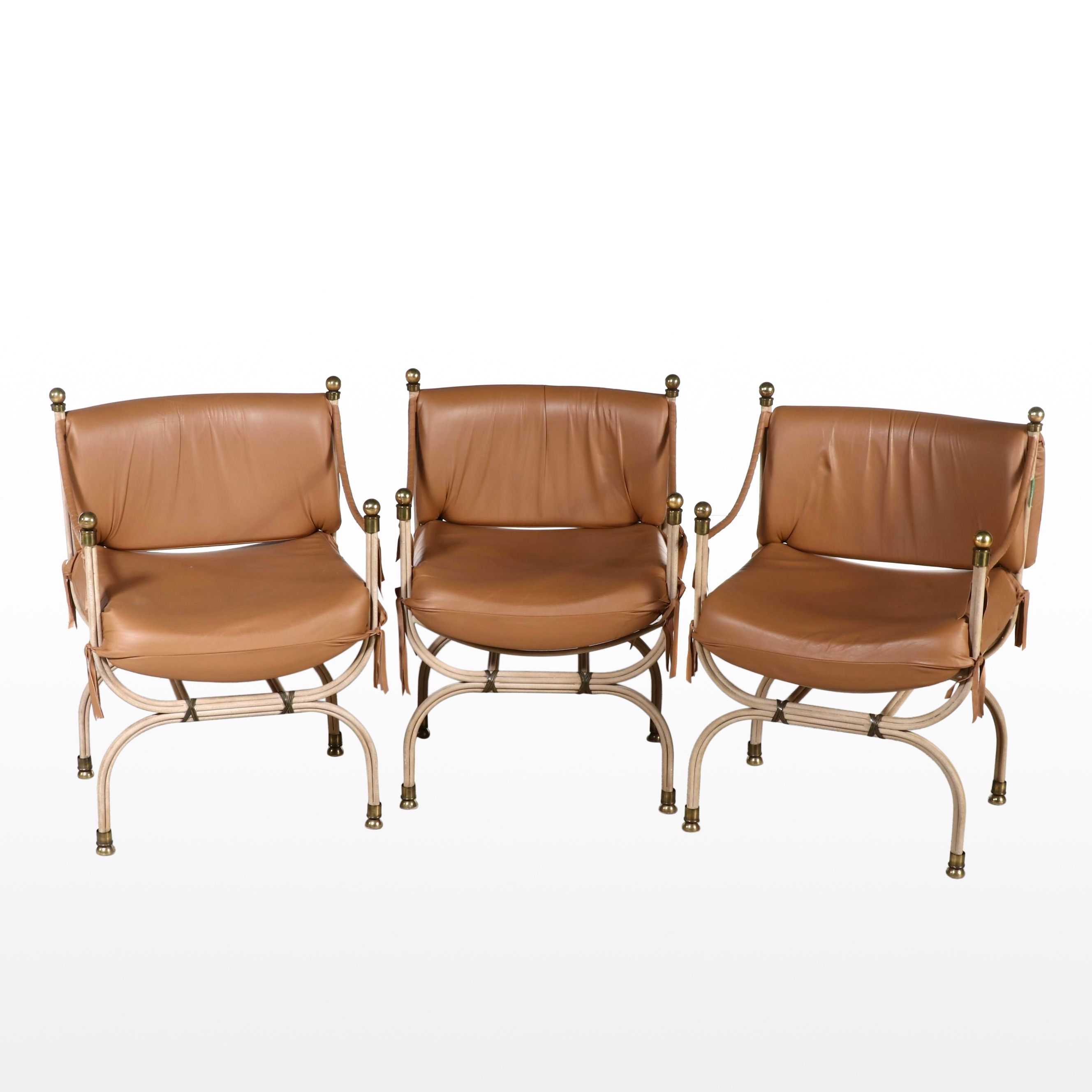 Set of Three Directoire Style Metal and Leather Savonarola Chairs