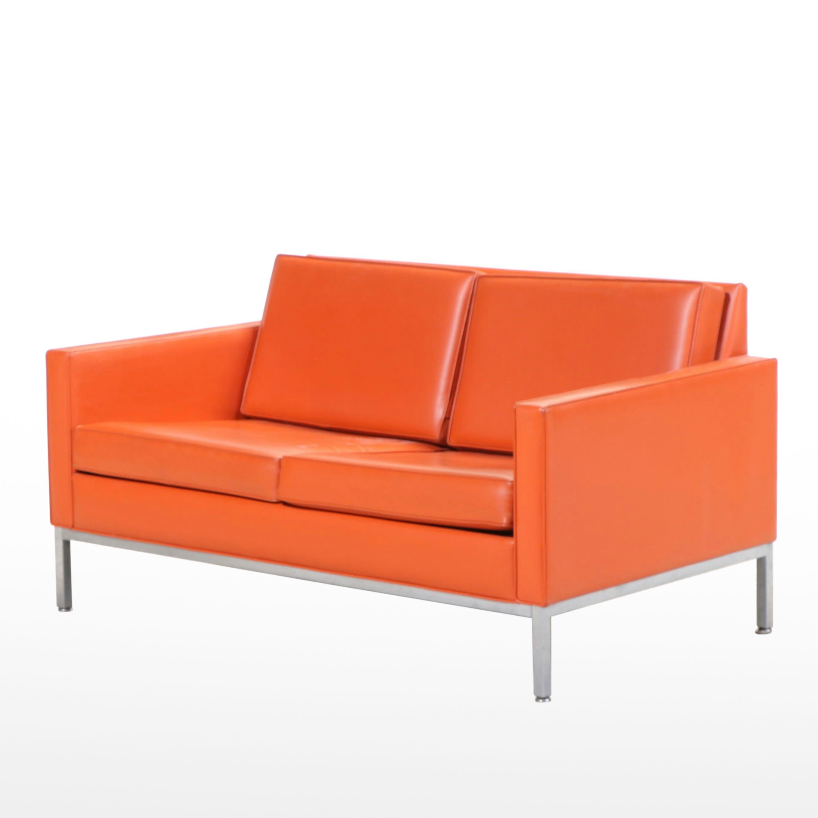 Steelcase Mid Century Modern Chrome and Orange Vinyl Loveseat