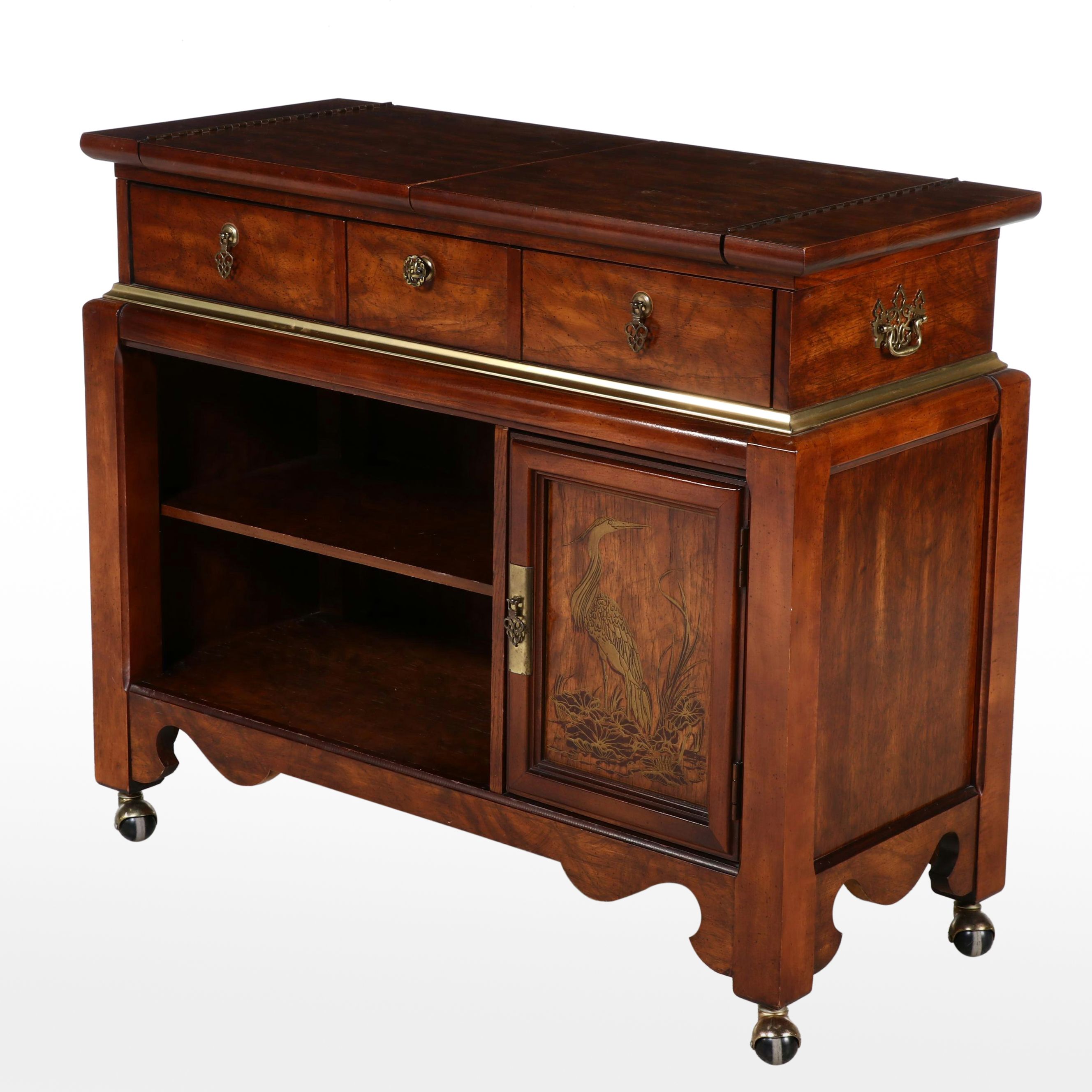 Wooden and Brass Chinoiserie Lift Top Rolling Sideboard