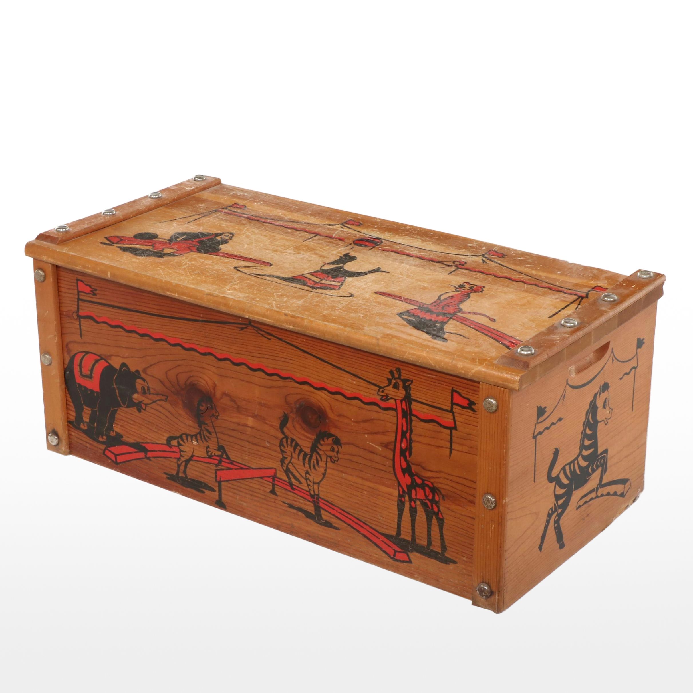 Circus-Themed Pine Toy Chest, Mid-20th Century