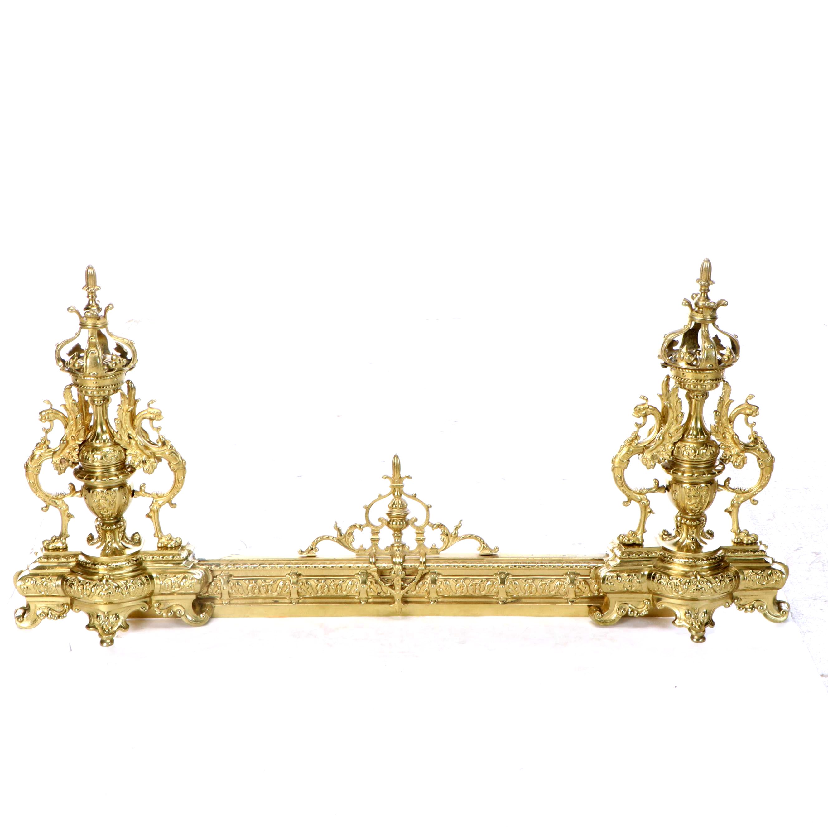 French Gilt Metal Louis XVI Style Andirons and Fender, 20th Century