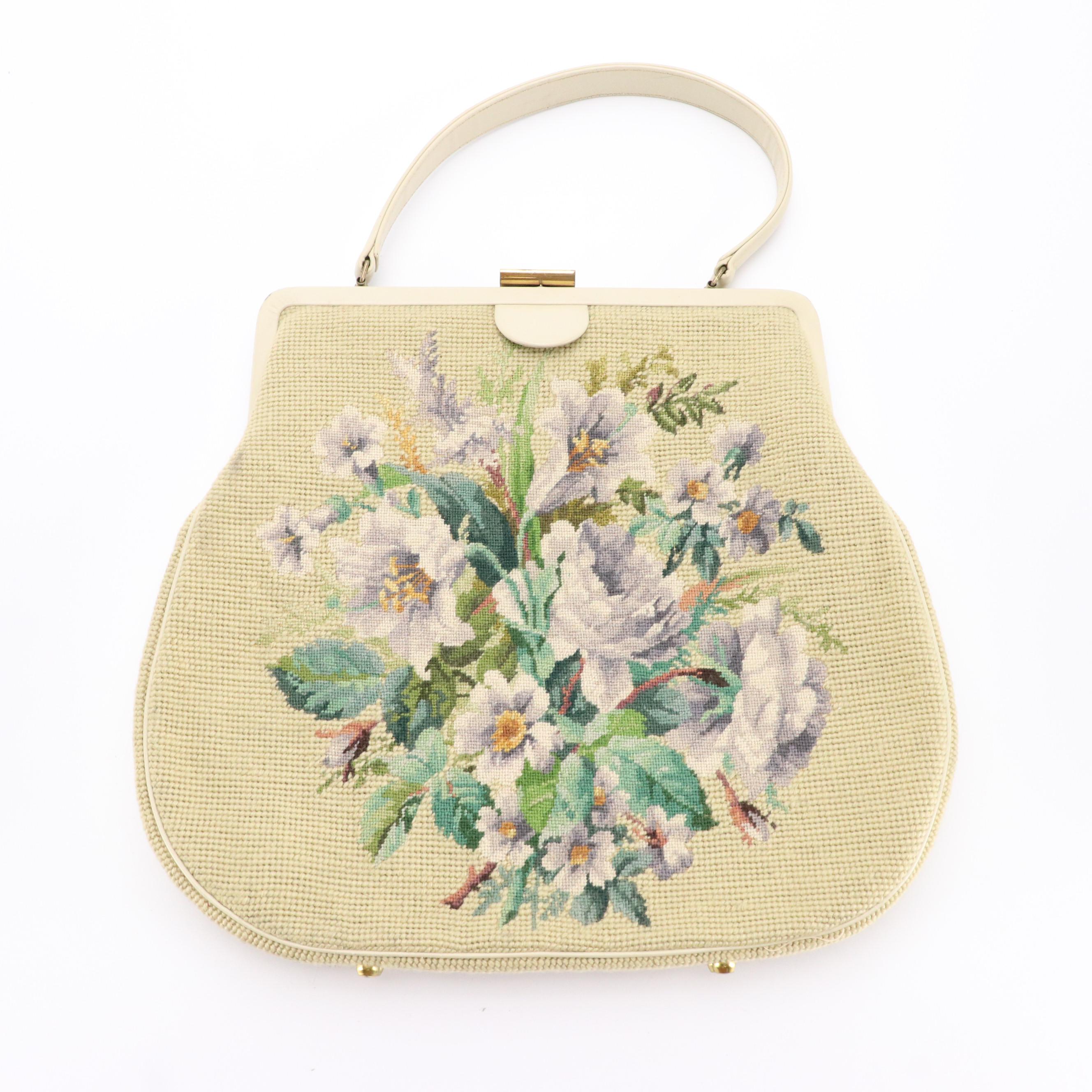 Oversized Needlepoint Handbag and Embroidered Accessory Pouches, circa 1960