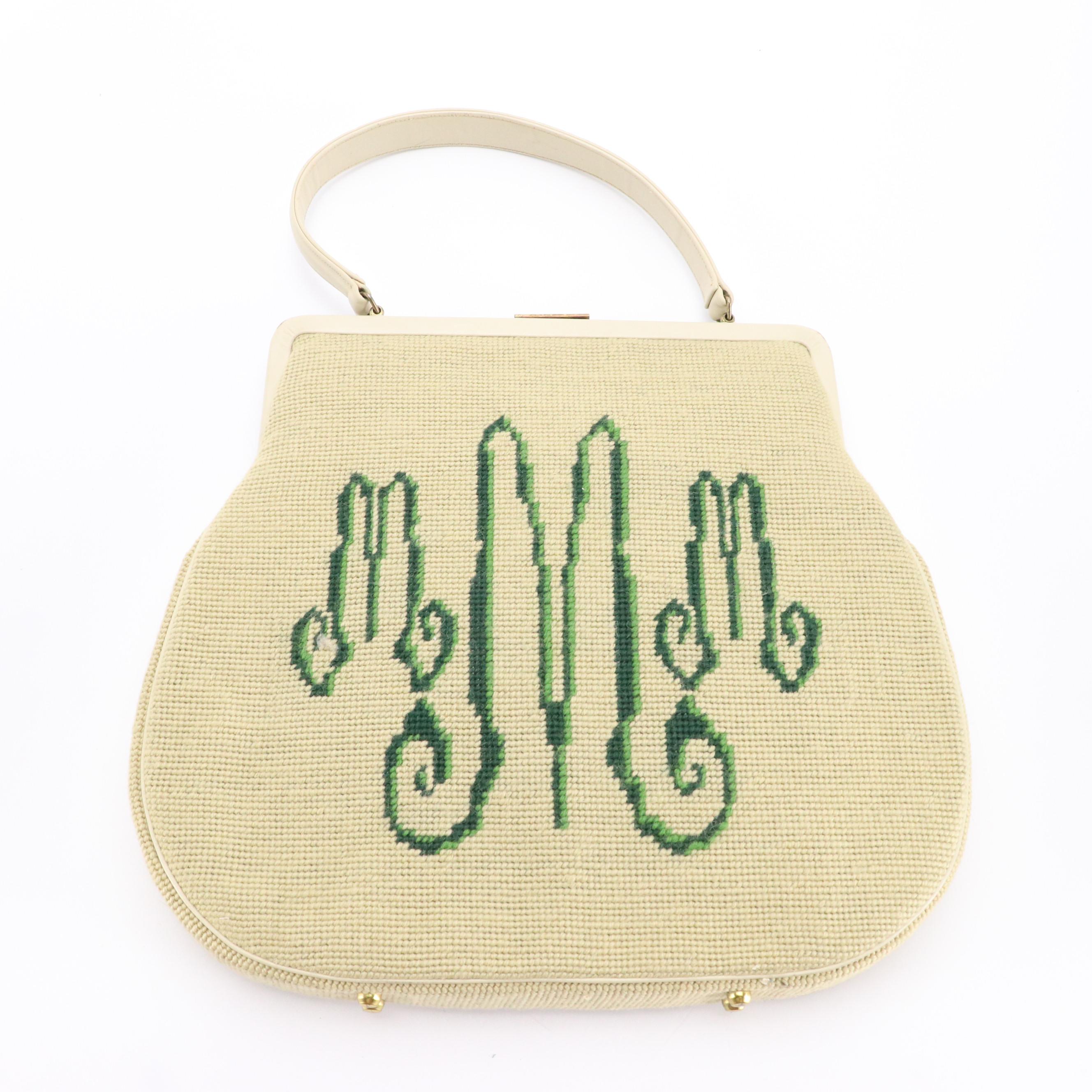 Oversized Needlepoint Handbag and Embroidered Accessory Pouches, circa 1960