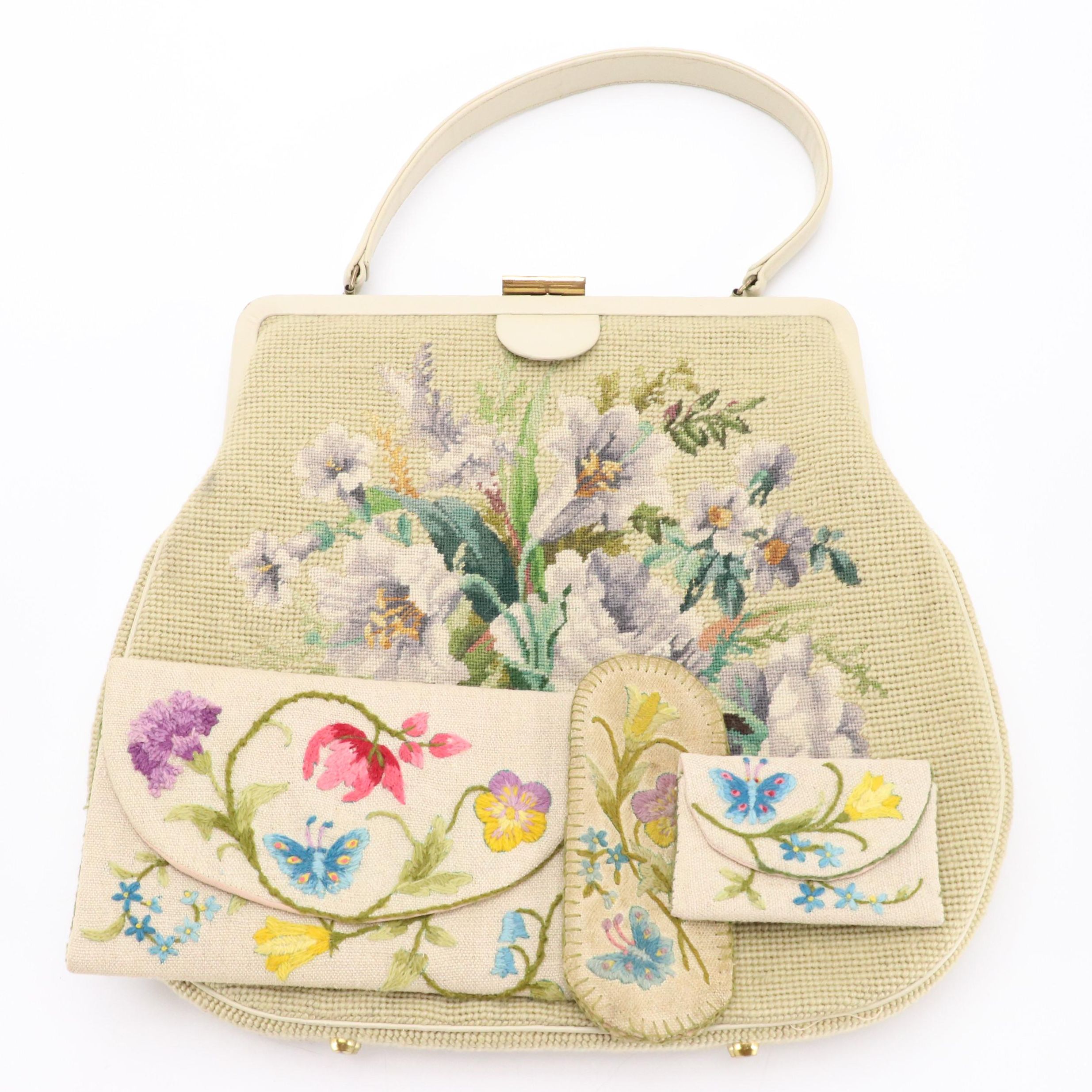 Oversized Needlepoint Handbag and Embroidered Accessory Pouches, circa 1960