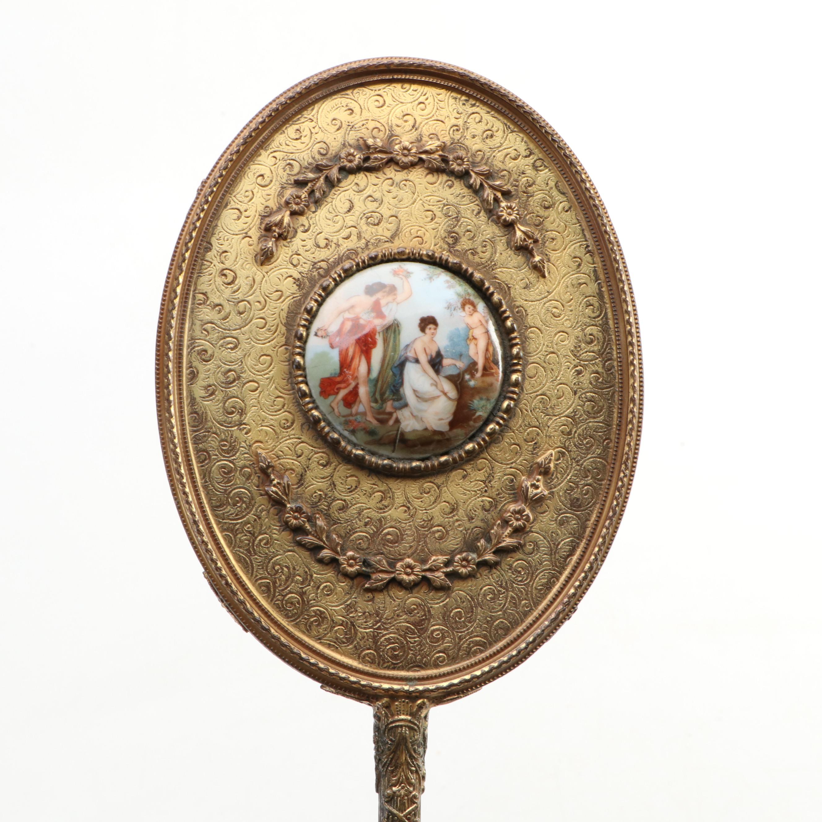 French Ormolu Vanity Hand Mirror and Brush with Porcelain Accent, Early 20th C.