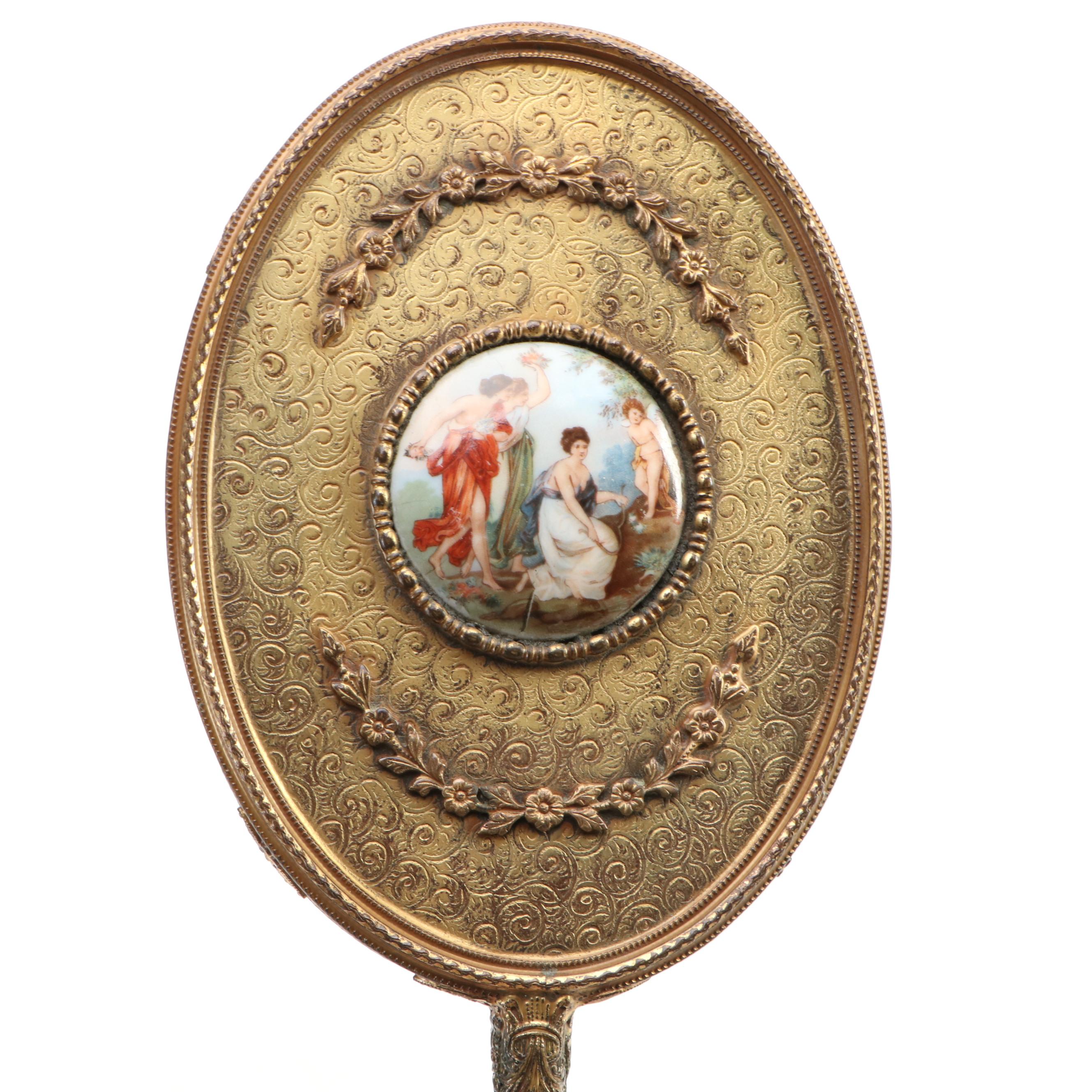 French Ormolu Vanity Hand Mirror and Brush with Porcelain Accent, Early 20th C.