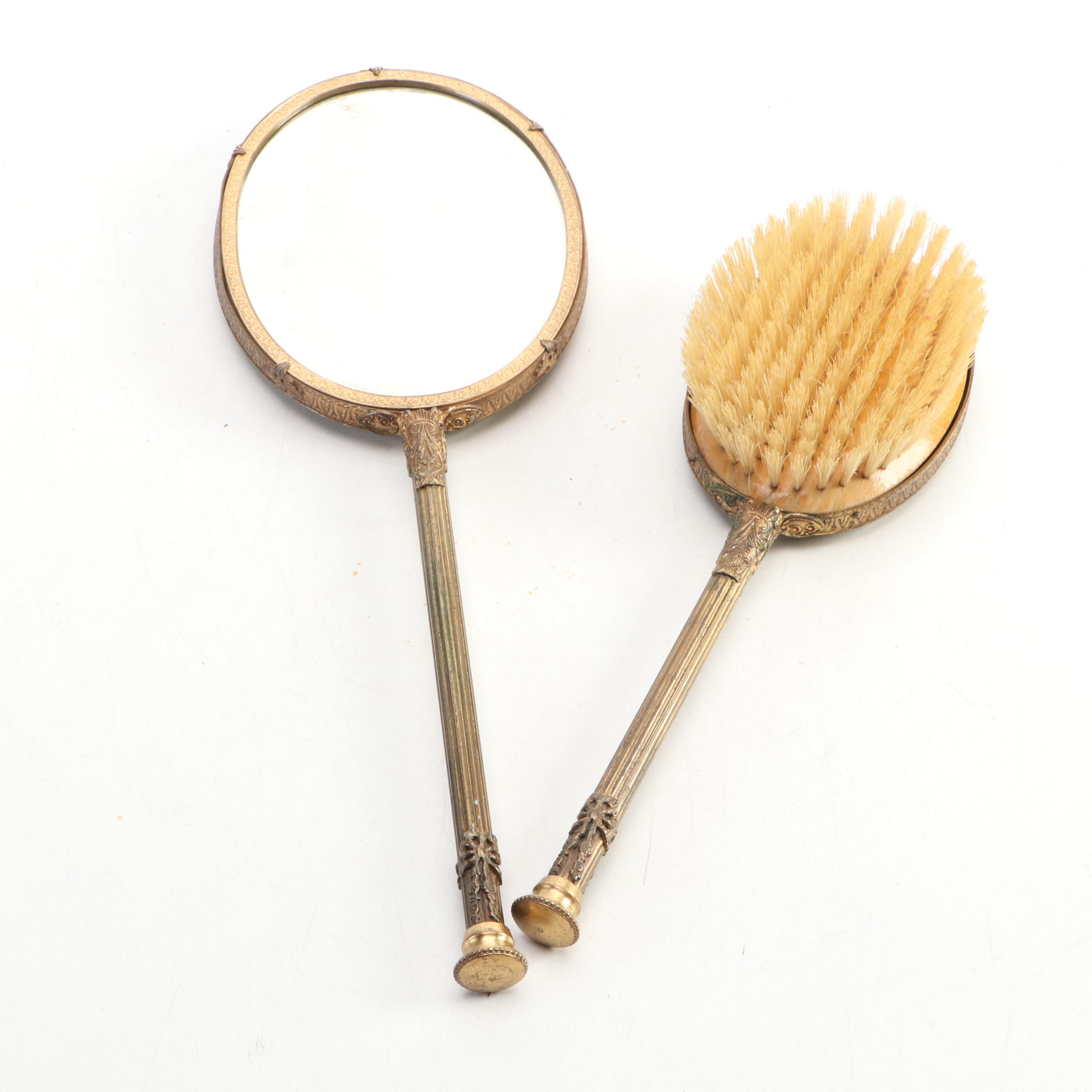 French Ormolu Vanity Hand Mirror and Brush with Porcelain Accent, Early 20th C.