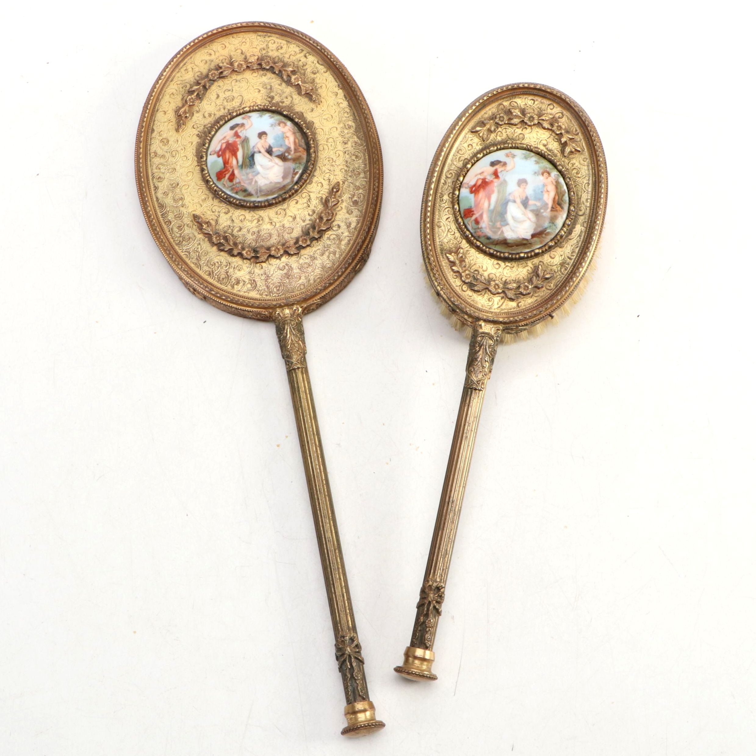French Ormolu Vanity Hand Mirror and Brush with Porcelain Accent, Early 20th C.