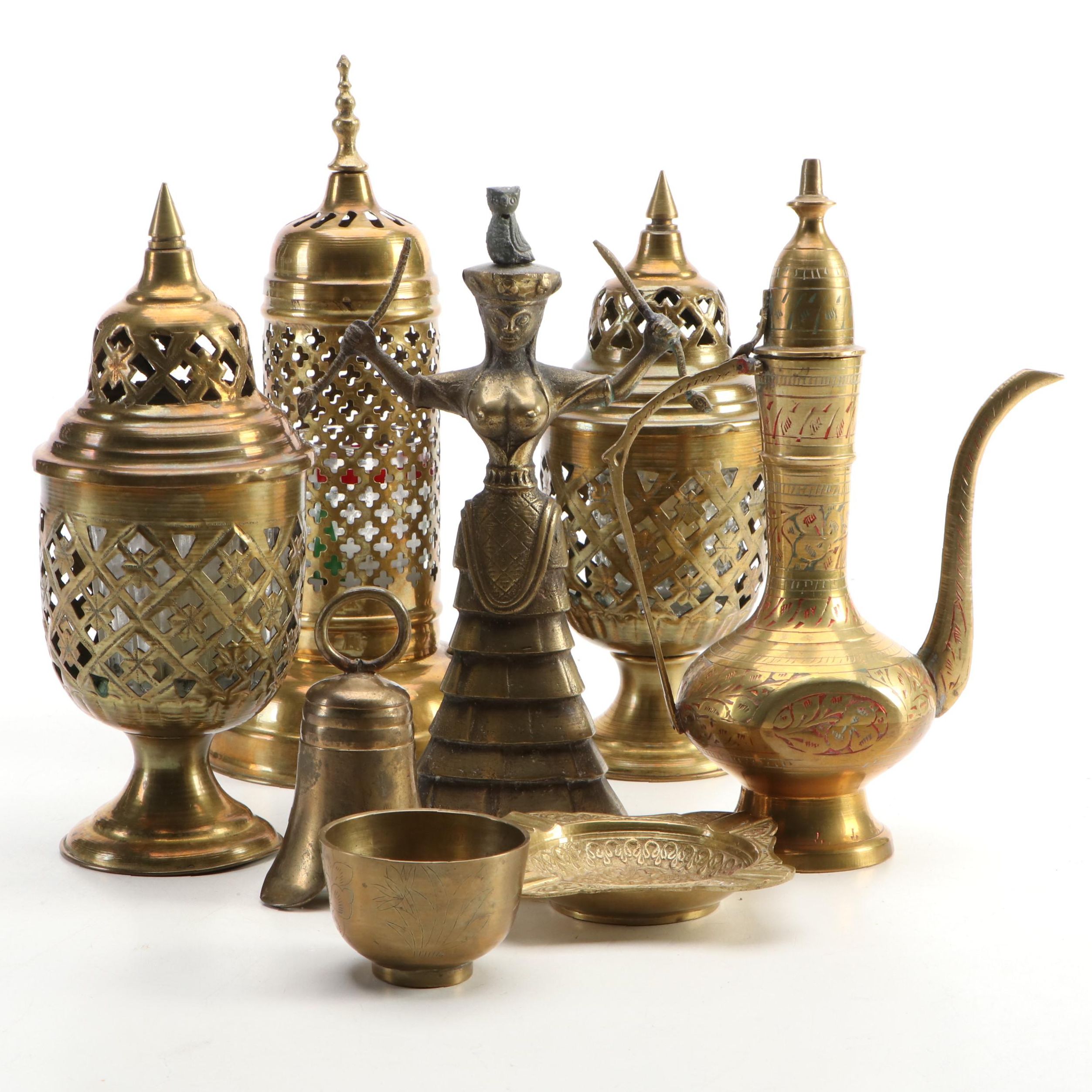 Minoan Style Snake Goddess Figurine with Other Brass Lanterns and Decor