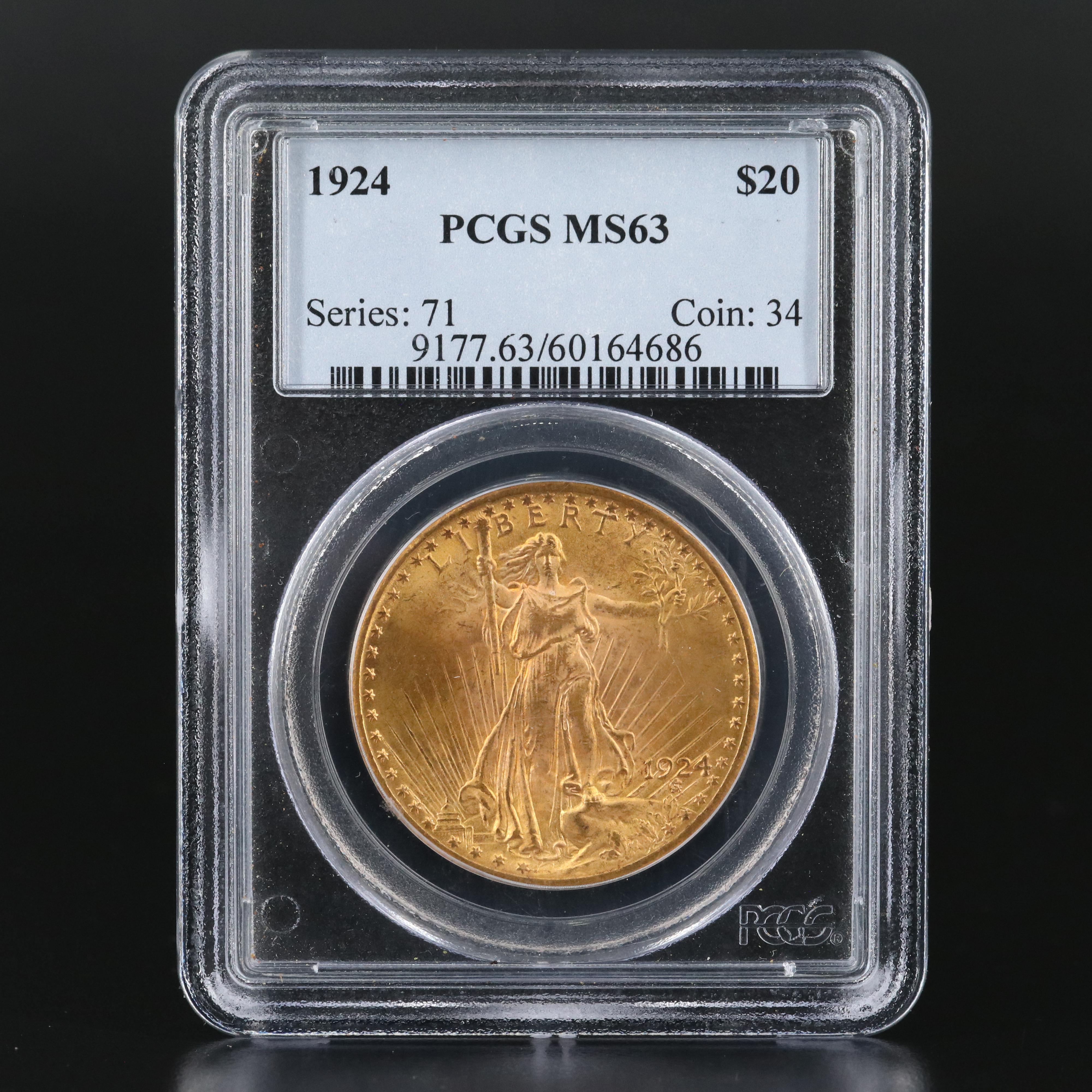 PCGS Graded MS63 1924 St. Gaudens $20 Gold Coin