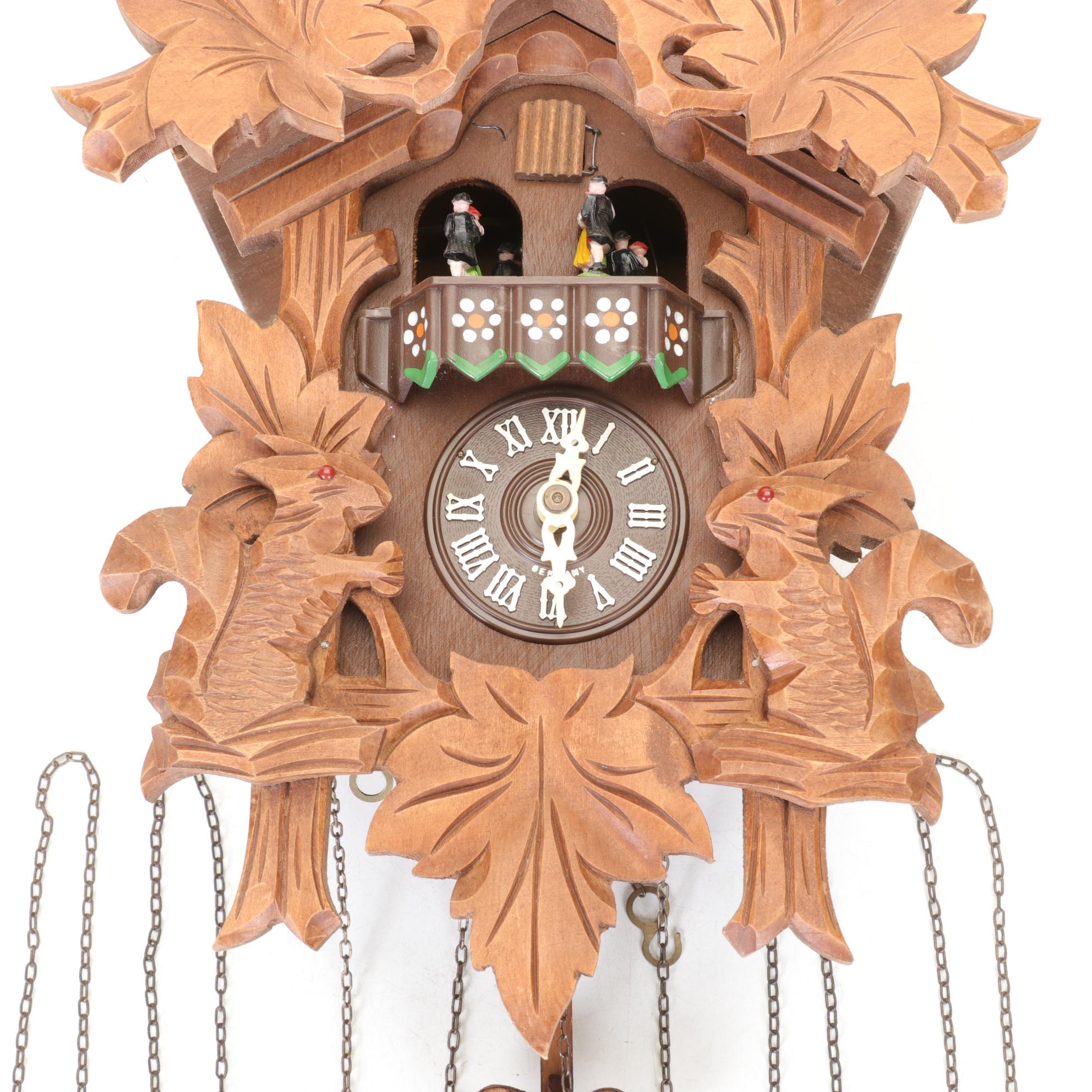 Cuendet German Black Forest Carved Wood Cuckoo Wall Clock