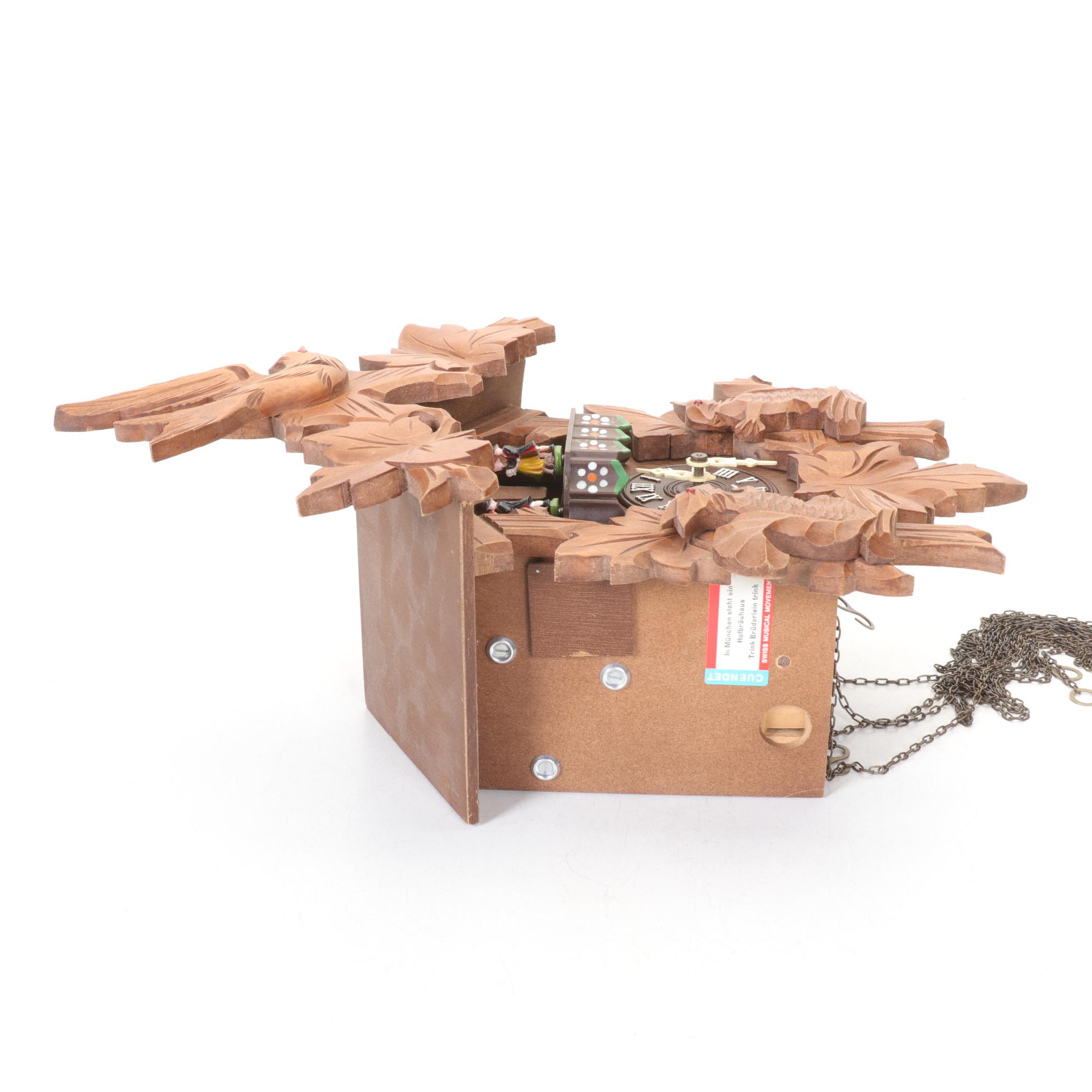 Cuendet German Black Forest Carved Wood Cuckoo Wall Clock