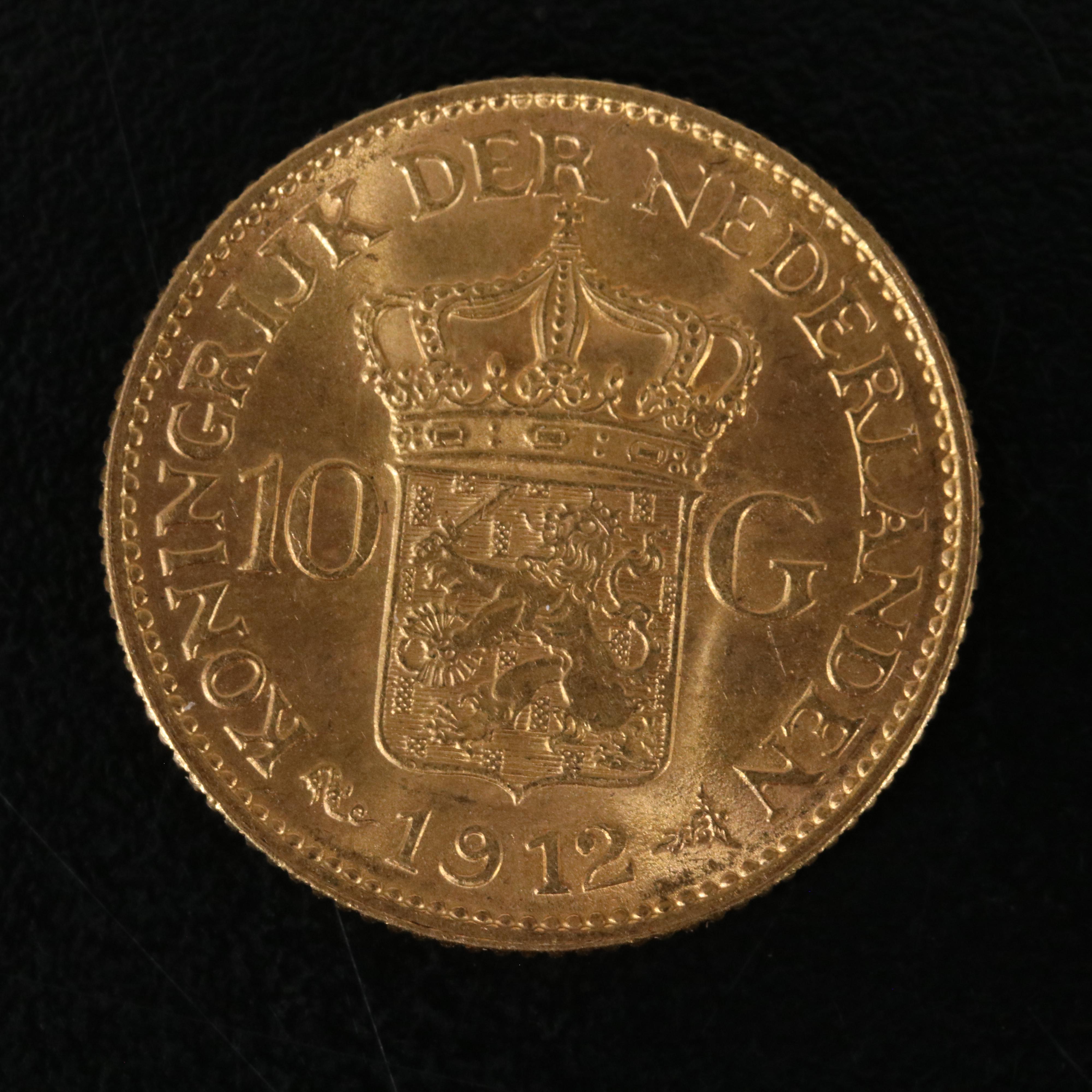 1912 Netherlands 10 Gulden Gold Coin