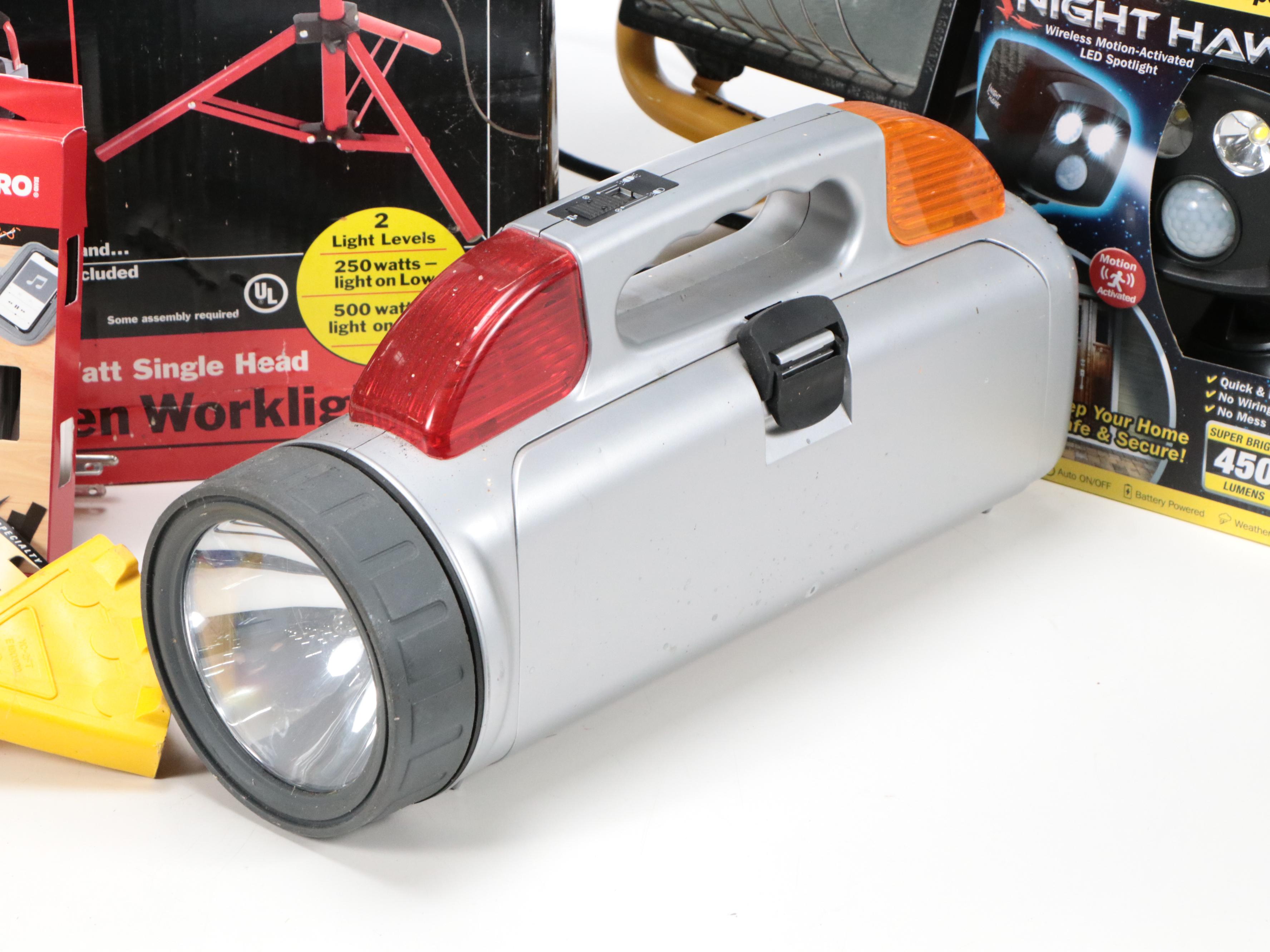 Workshop Lights with Night Hawk Security Light and Combo Flashlight and Tool Kit