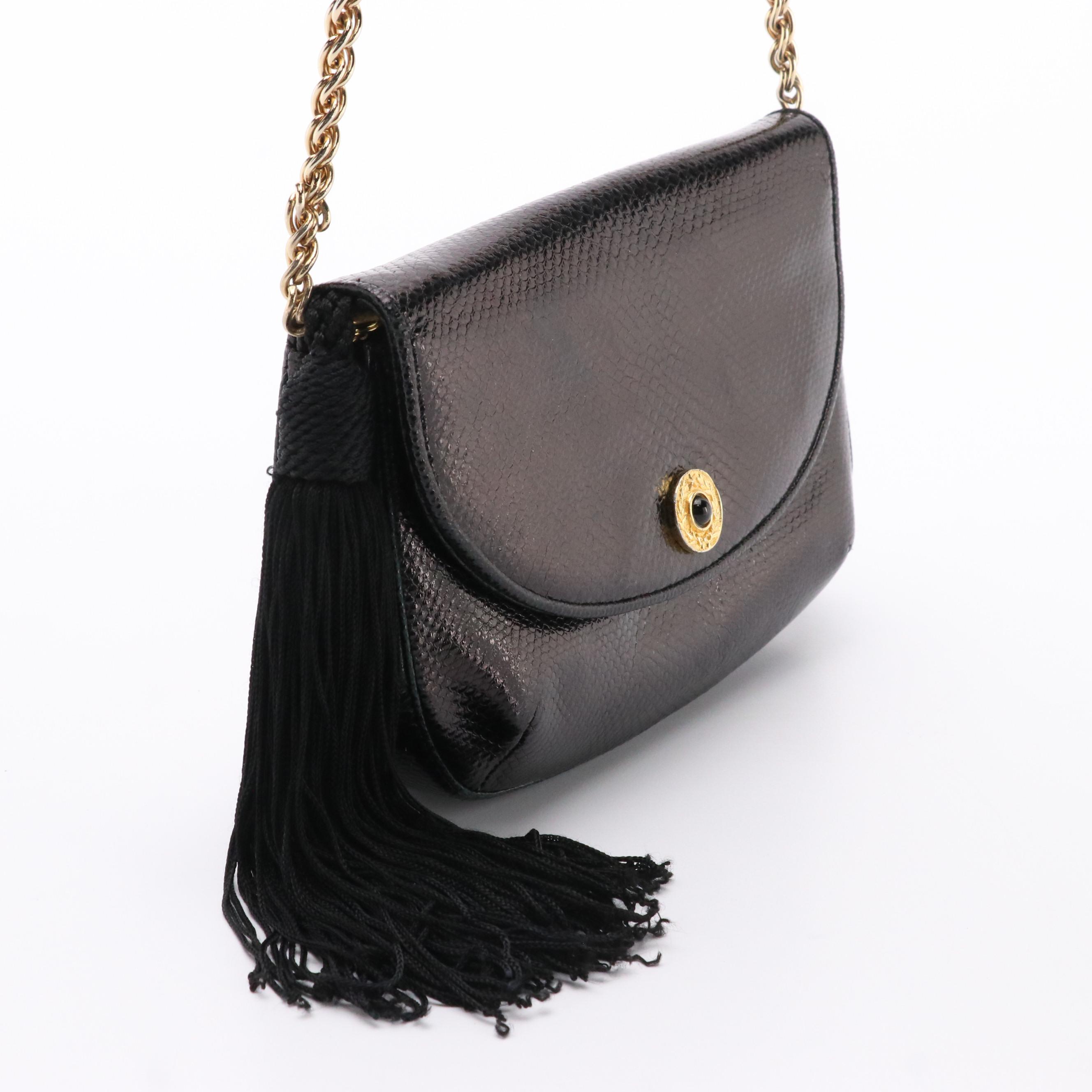 Judith Leiber Black Karung Skin Front-Flap Clutch Crossbody with Tassel