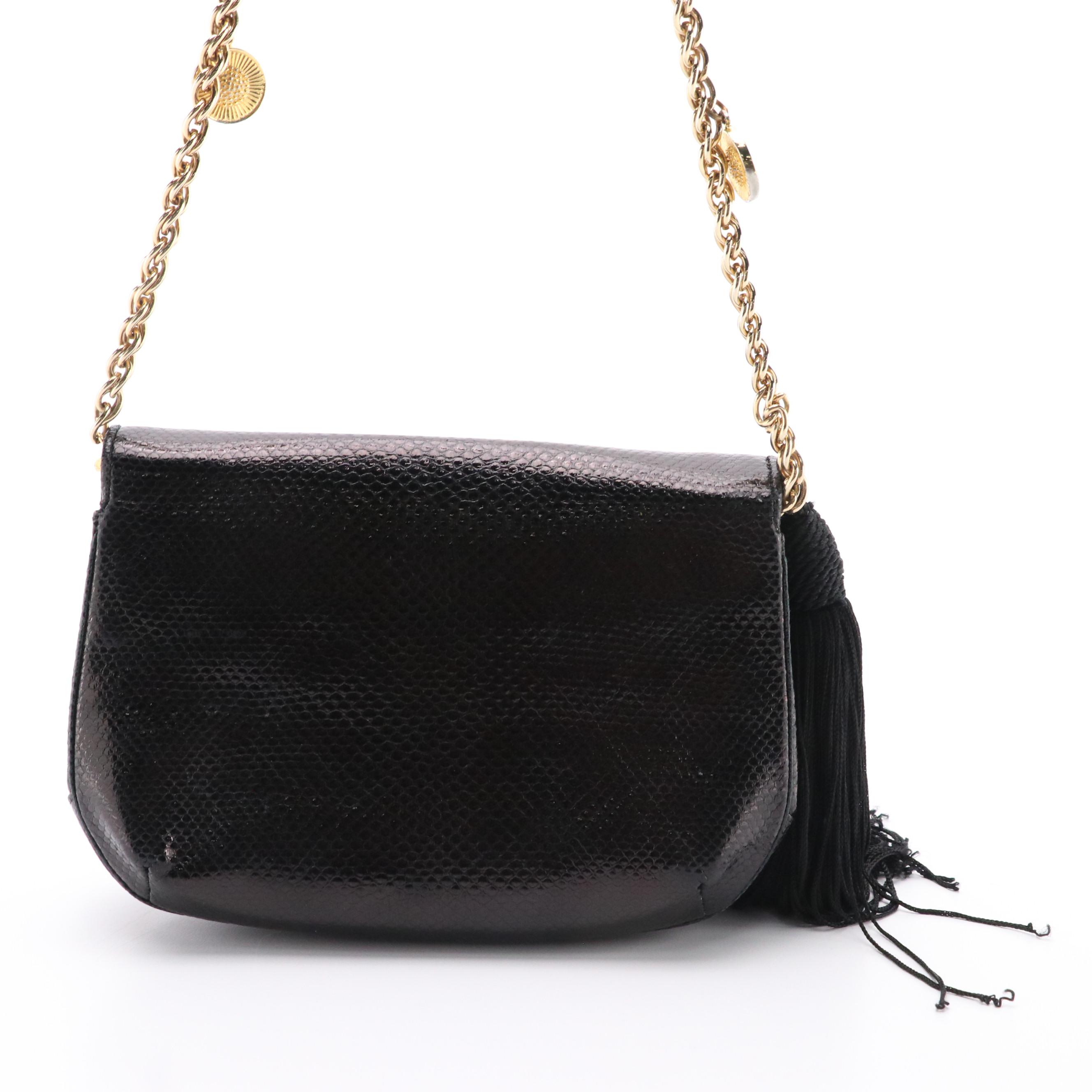 Judith Leiber Black Karung Skin Front-Flap Clutch Crossbody with Tassel