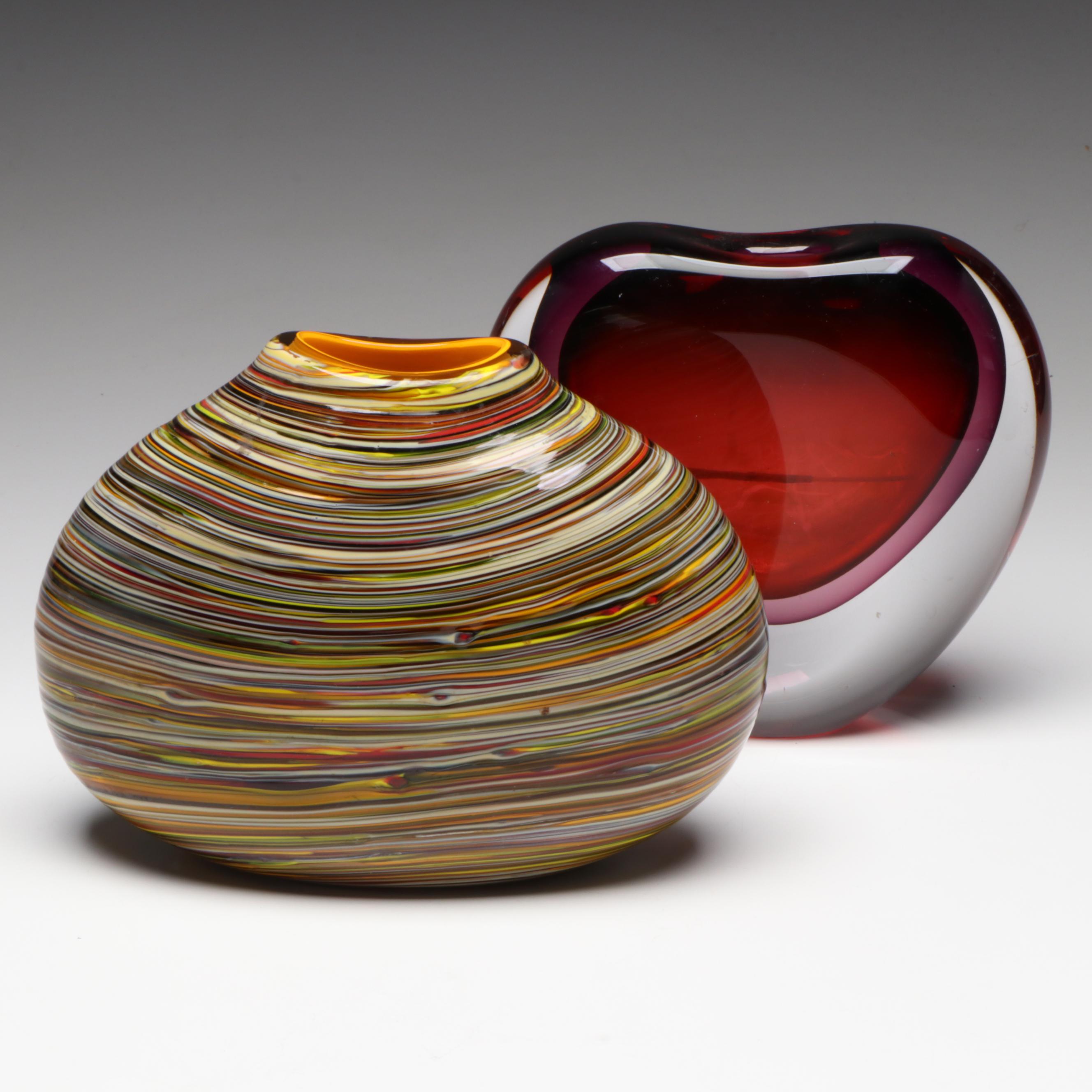 Caleb Siemon Striped Art Glass Vase with Heart-Shaped Cased Red Glass Vase