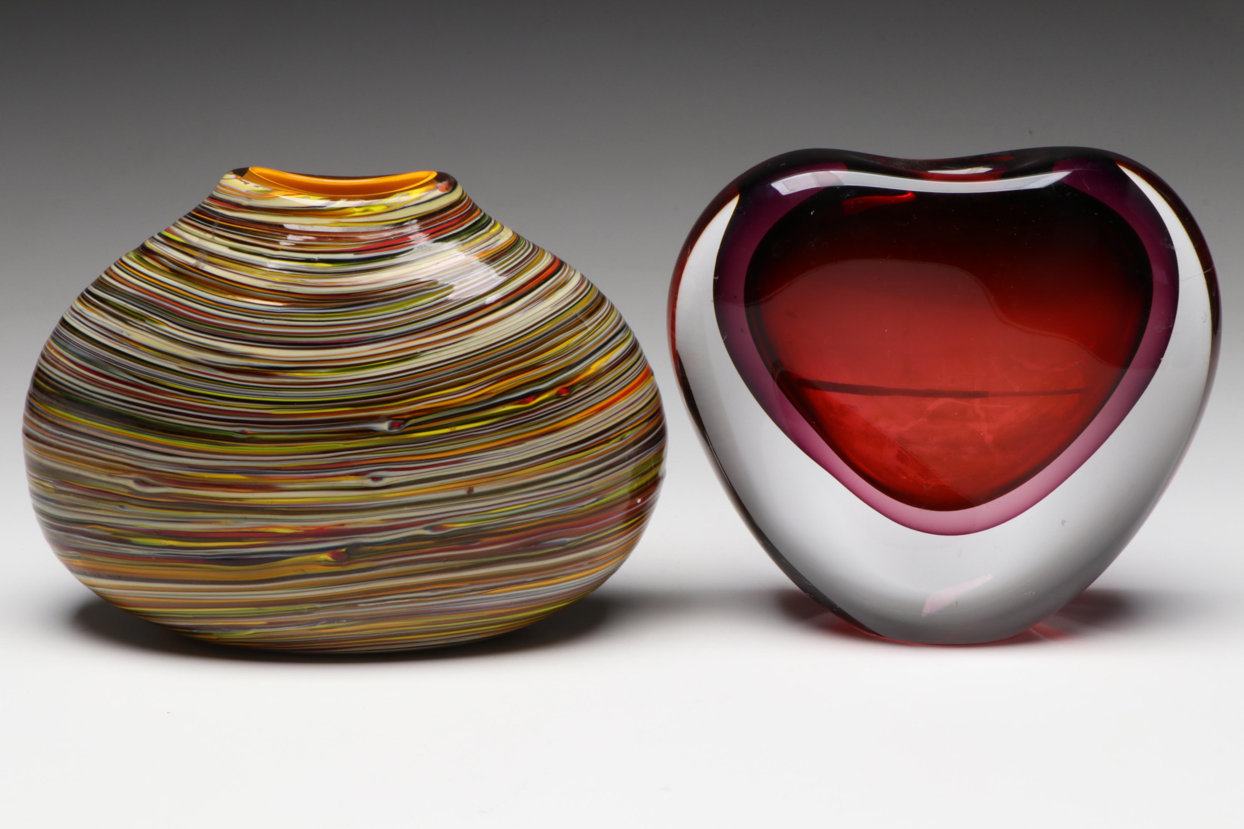 Caleb Siemon Striped Art Glass Vase with Heart-Shaped Cased Red Glass Vase